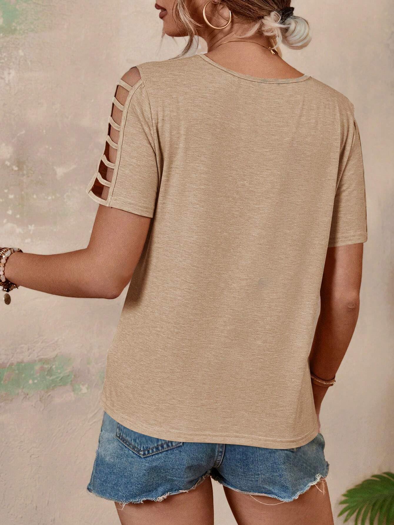 Women's V-Neck Loose Fit Hollow Out Short Sleeve T-Shirt - Breathable Summer Casual Top for Beach, Vacation & Daily Wear | Spring 2025 Fashion Trend