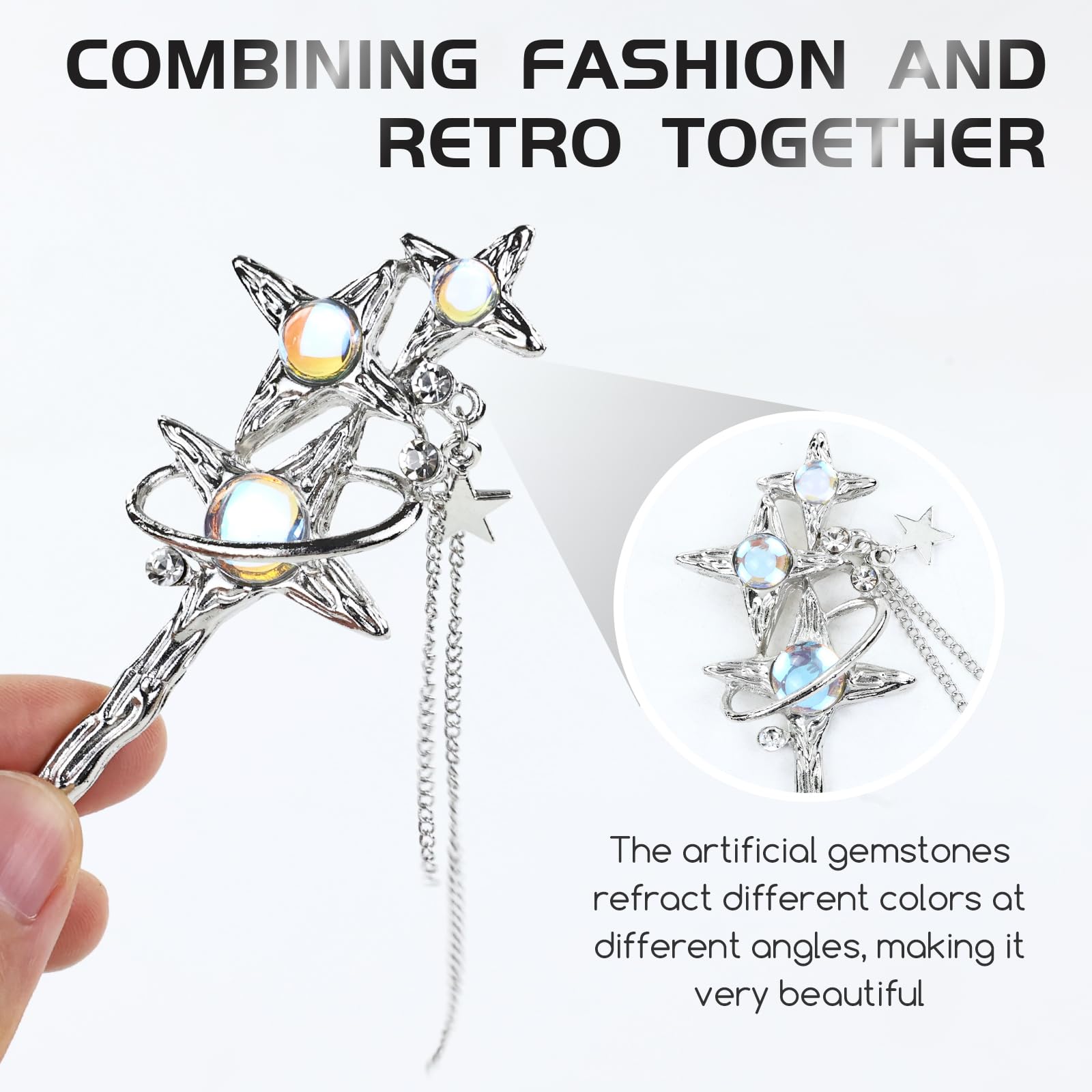 8Pcs Retro Crystal Pearl Silver Hair Sticks with Pendants - Chinese Hanfu Hair Forks, Cloud Star Lotus Hairpins for Women, Bun Updo Holders - Perfect for Weddings, Cosplay & Traditional Asian Hairstyles