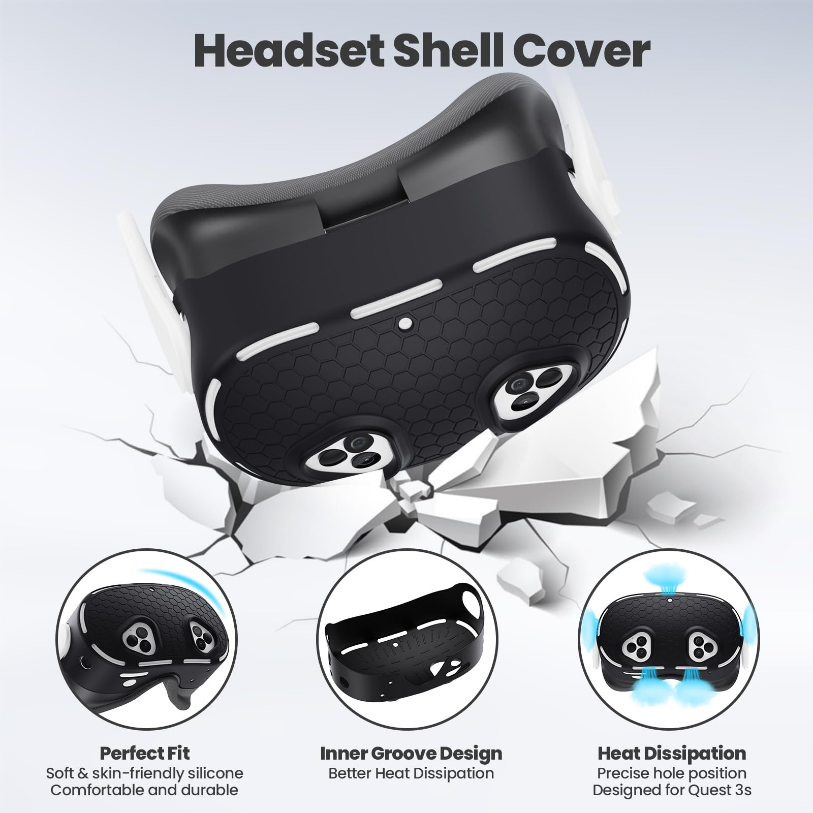 Meta/Oculus Quest 3 VR Accessories Set - Silicone Face Cover, Shell Cover, Controller Grips & Lens Protectors (Black) | Enhanced Comfort & Protection for VR Gaming & Fitness