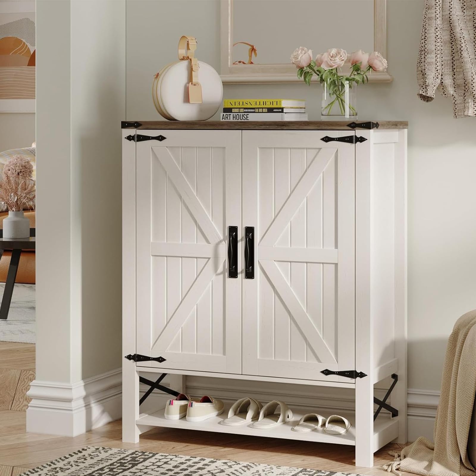 Maupvit 6-Tier Wooden Shoe Cabinet with Doors - Adjustable Shelves Farmhouse Entryway Shoe Storage Organizer for Hallway, Living Room & Foyer - Perfect for Small Spaces & Home Organization (White)