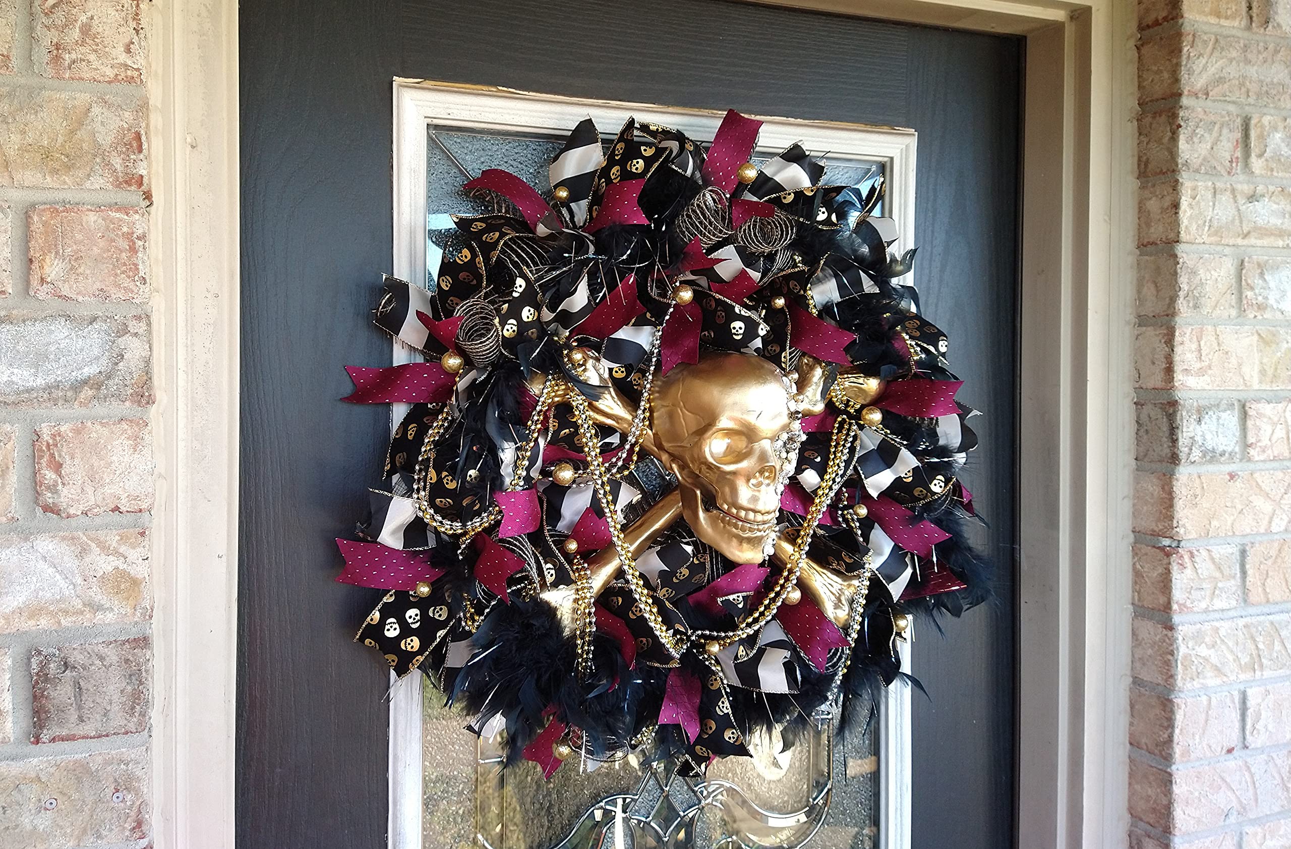 LAST ONE XL Deluxe Bling Pirate Skull & Crossbones Halloween Wreath - Luxury Jeweled Beaded Feather Decor for Front Door, GASPARILLA Party & Pirate Themed Events - Perfect for Halloween Decorations, Pirate Parties & Mardi Gras Celebrations