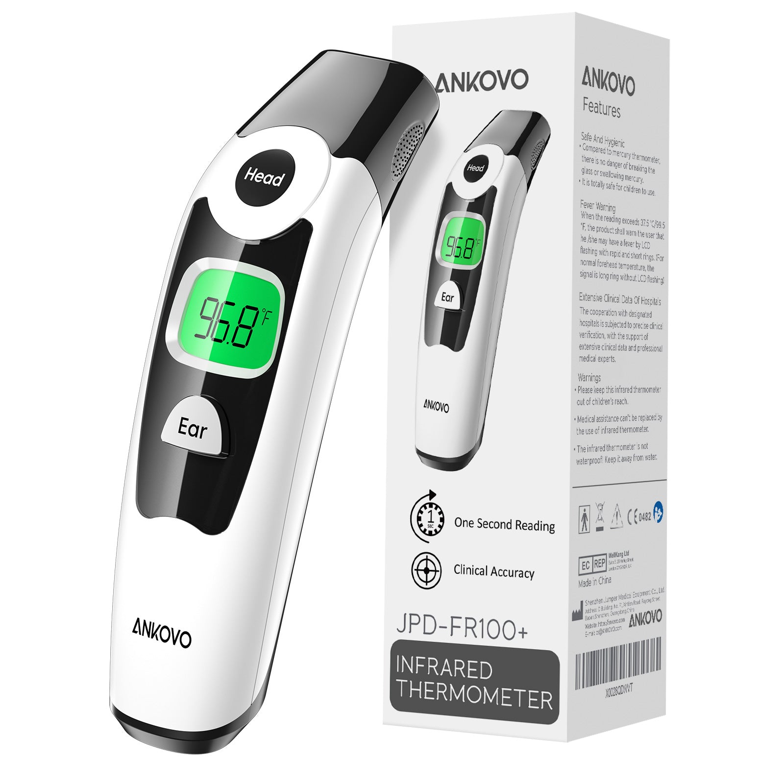 ANKOVO Infrared Digital Thermometer for Adults, Kids & Babies - Fast & Accurate Ear & Forehead Temperature Measurement - Perfect for Home, Hospital & Travel Use
