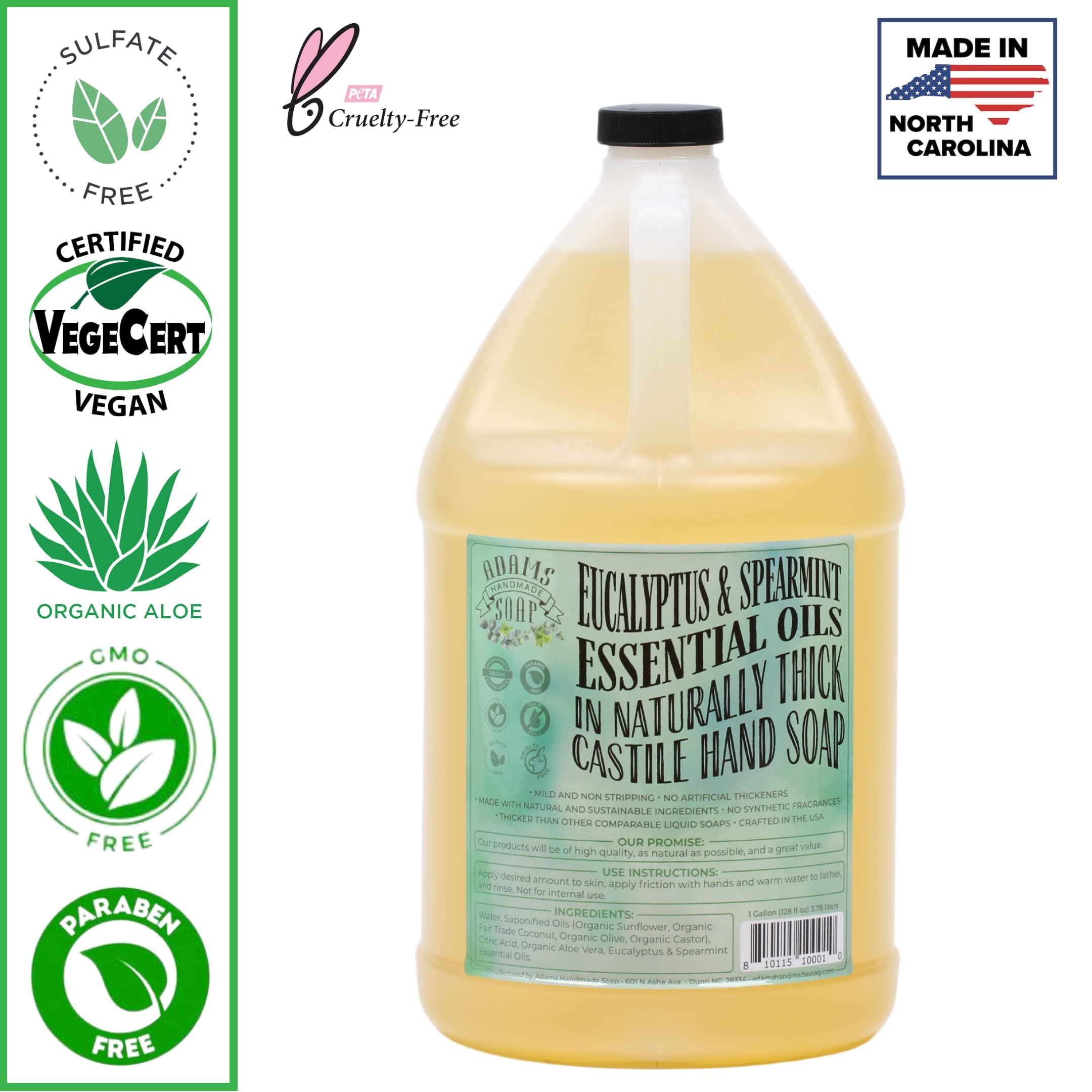 Adams Handmade Thick Castile Liquid Hand Soap Refill - 1 Gallon, Eucalyptus Spearmint Scent, Pack of 4 | Natural, Organic, Vegan | Perfect for Home, Spa, and Commercial Use