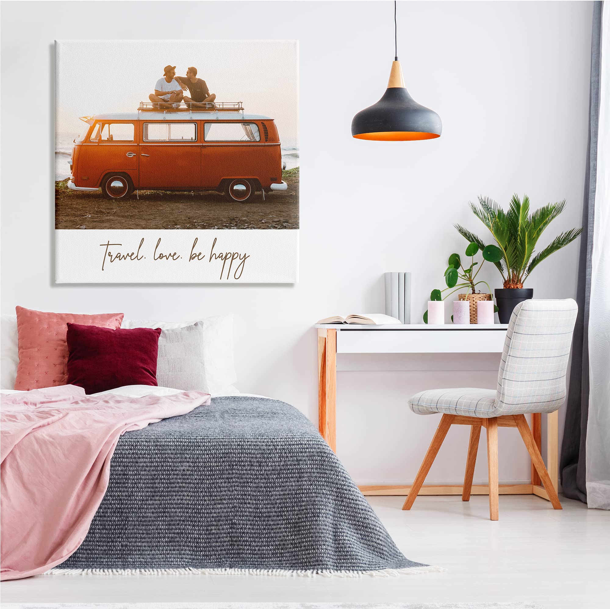Stupell Industries Travel Love Happy Phrase Retro Beach Van Romance Canvas Wall Art - 36x36 Inch Brown Home Decor by Birch&Ink | Perfect for Living Room, Bedroom & Beach House Decor