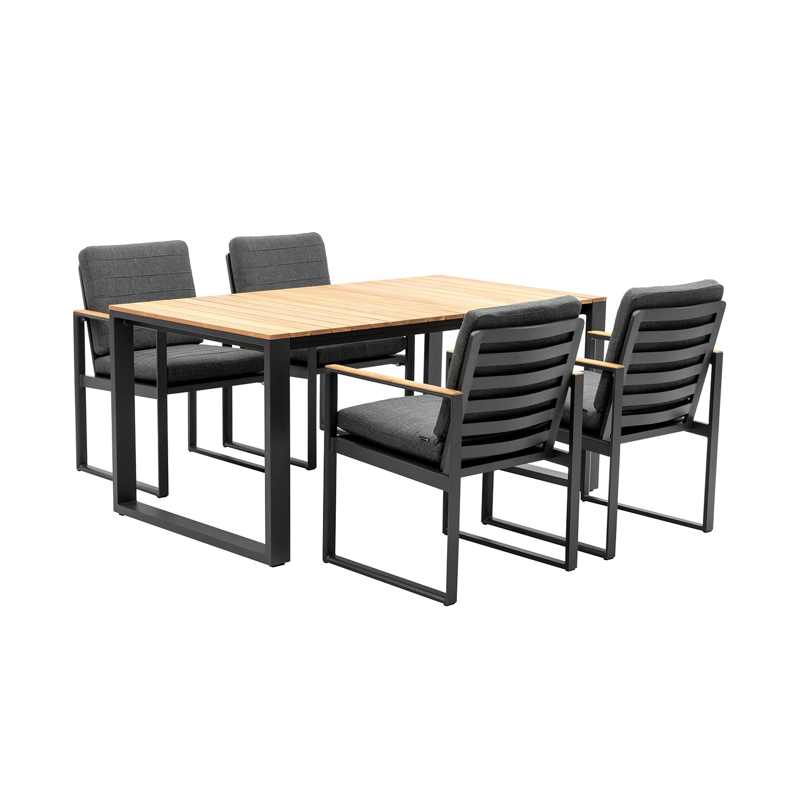 5-Piece Outdoor Dining Set for 4 - Aluminum Patio Table with Teak Tabletop & 4 Armrest Chairs - Grey Frame - Perfect for Backyard, Garden, Deck, and Poolside Dining