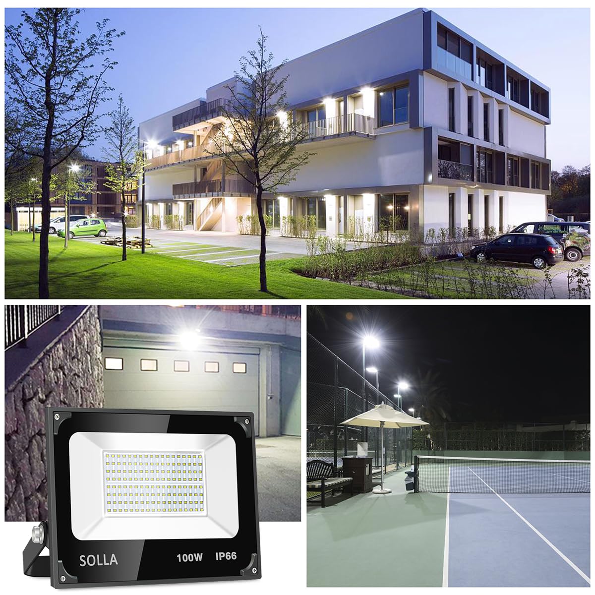 SOLLA 100W LED Flood Light 2 Pack - 10000LM 6000K Daylight White Waterproof Outdoor Floodlight for Yard, Garden, Garage, Rooftop - Bright Security & Landscape Lighting for Patio, Driveway, Warehouse & Backyard