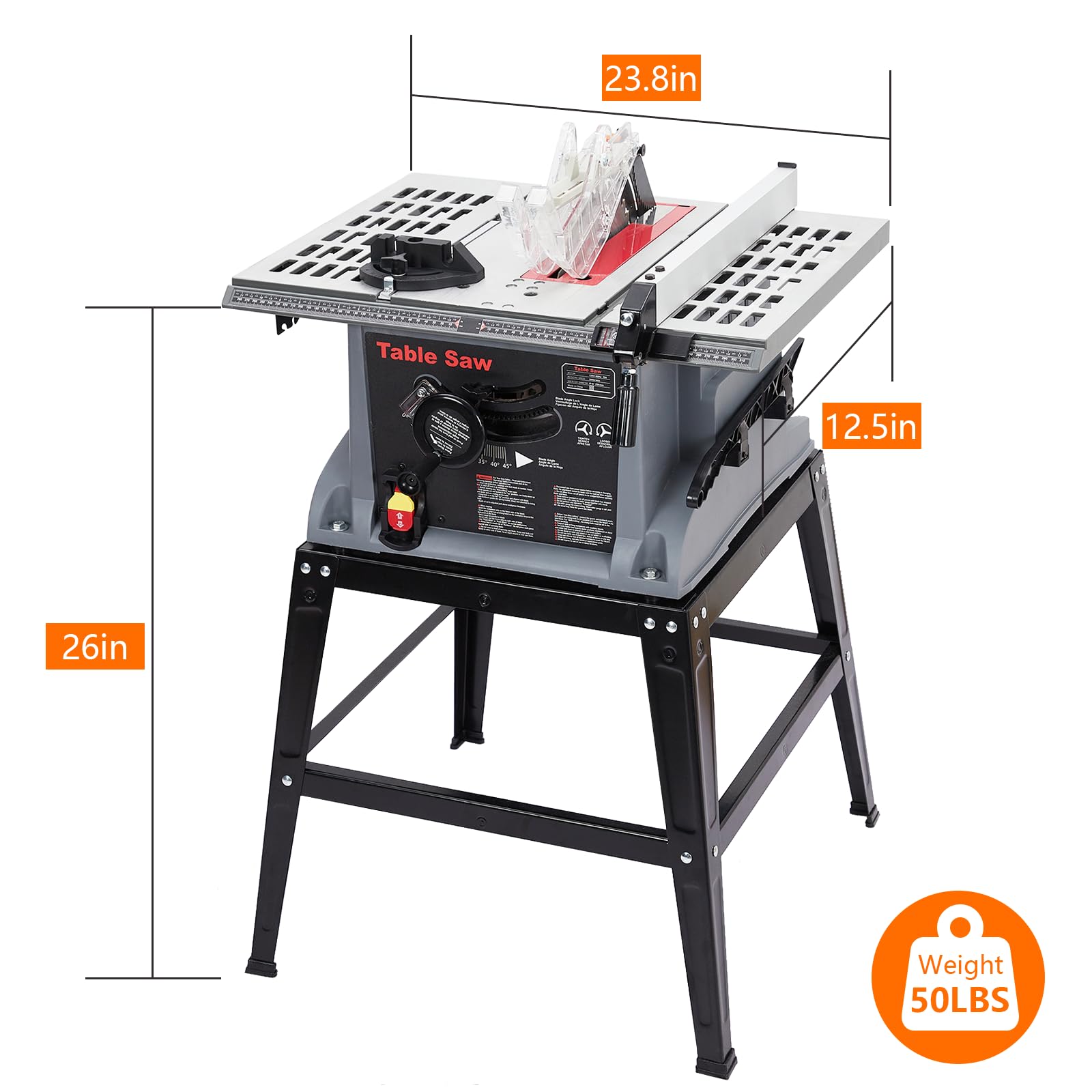 10-Inch Portable Table Saw 1800W 5000RPM with Stand - Safety Switch & Push Stick Included - 90° Cross Cut & 0-45° Bevel Cutting - Powerful Woodworking Tool for DIY Projects, Home Improvement, and Professional Carpentry