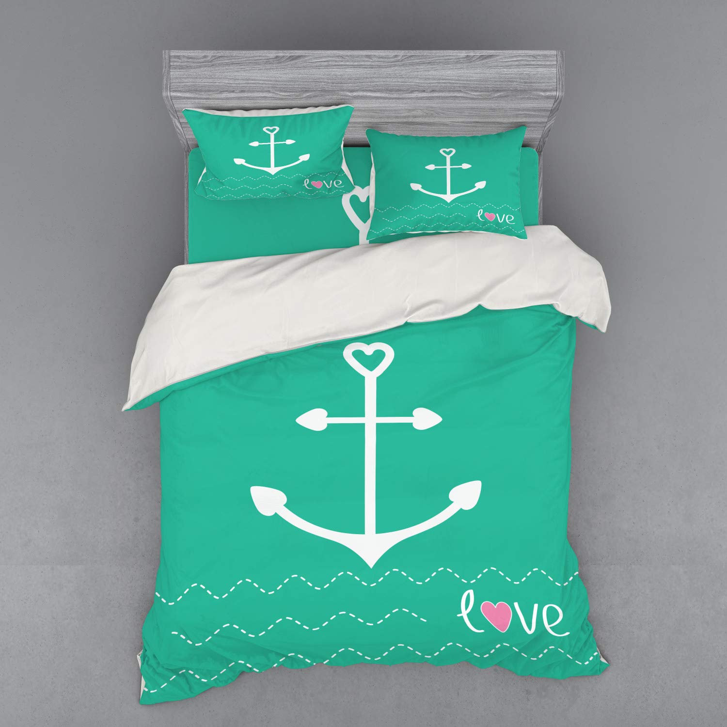 Ambesonne Anchor Duvet Cover Set - Sailor Love & Loyalty Design with Heart Anchors & Wavy Lines, 4-Piece Queen Size Bedding Set (Duvet Cover, 2 Shams, Fitted Sheet) in Green, Pink & White - Perfect for Nautical Themed Bedrooms, Beach House Decor & Romantic Gift Ideas