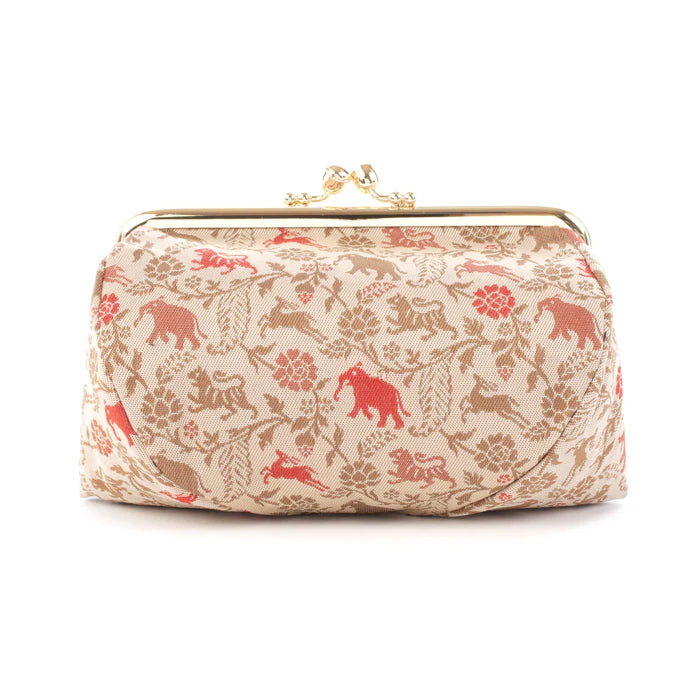 Authentic Nishijin Ori Small Tiger/Cream Pouch - Handmade in Kyoto Japan | Premium Cosmetic & Makeup Organizer | Japanese Gamaguchi Style Travel Toiletry Bag | Versatile Stationery Pouch & Bag-in-Bag Organizer for Women's Purse, Office, and Travel Essentials
