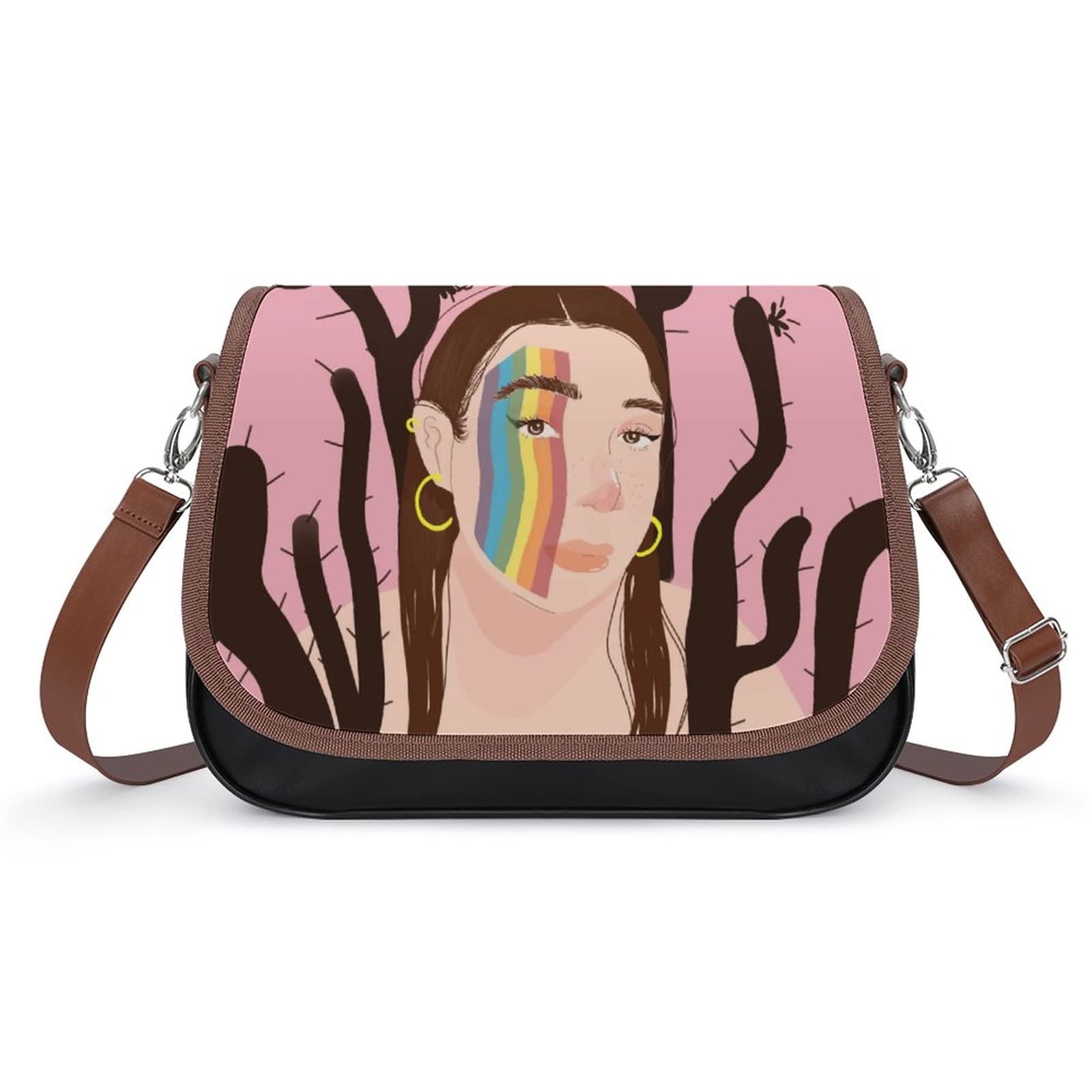 Vintage Leather Crossbody Bag for Women - Rainbow Cactus Print for Daily Use