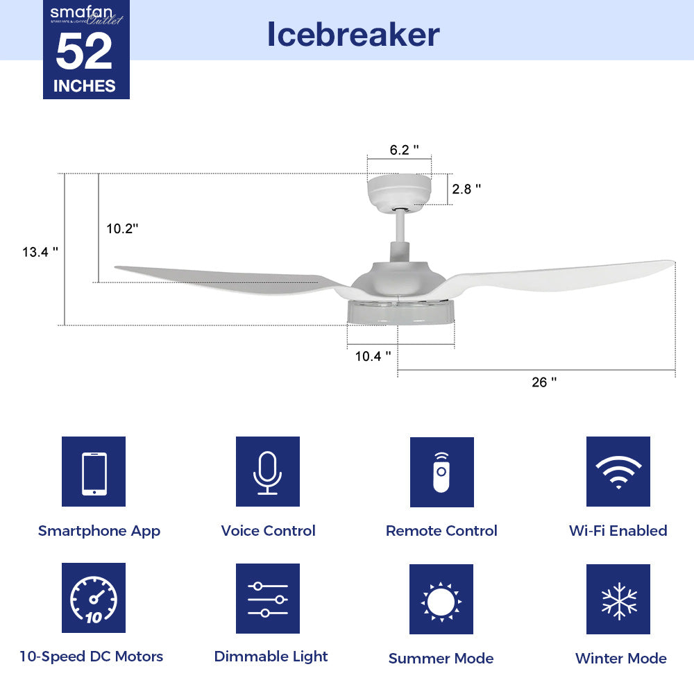 52 Inch Smart Ceiling Fan with LED Light and Remote Control - Quiet DC Motor, Energy Efficient, App & Voice Control for Bedroom, Living Room, Patio