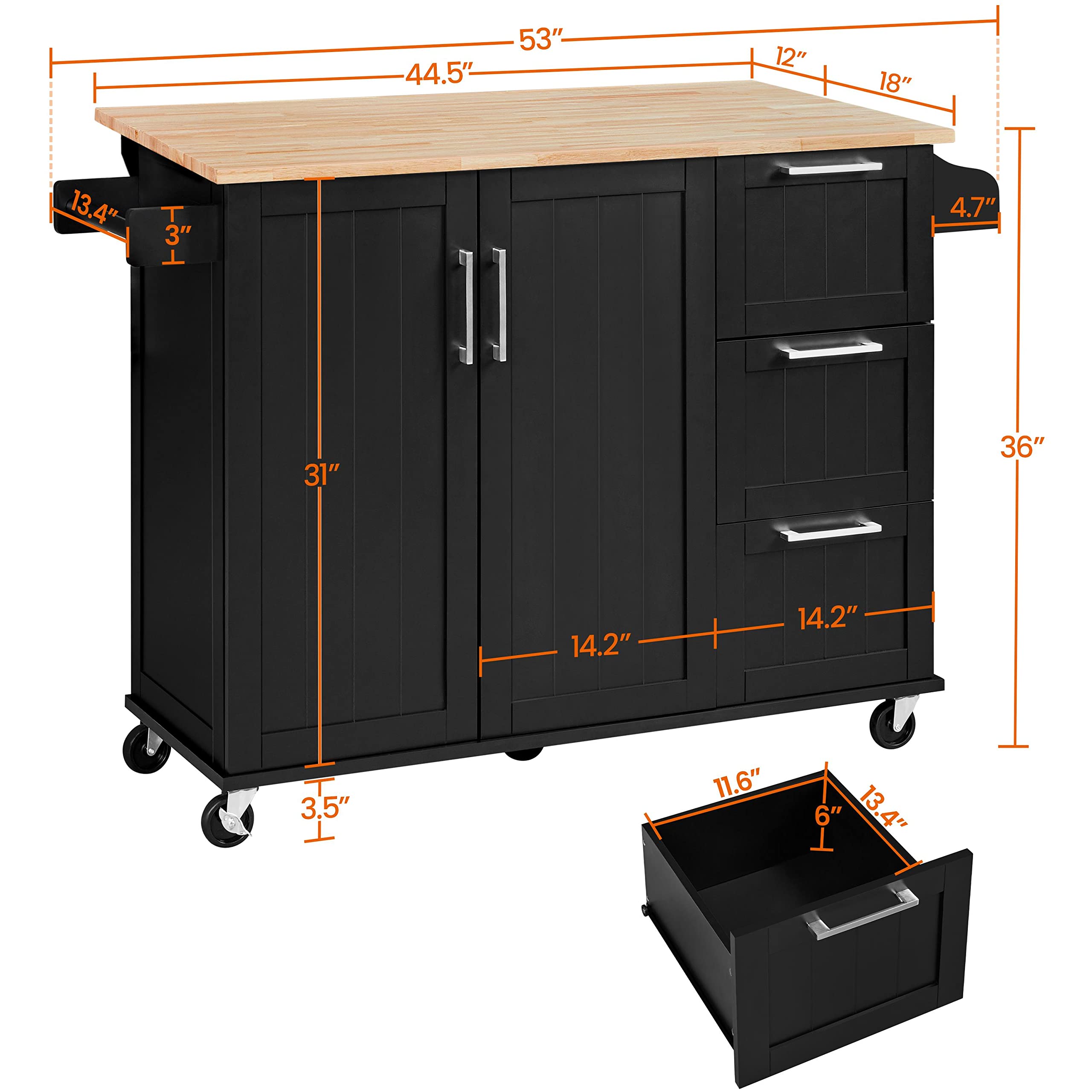 Topeakmart Black Mobile Kitchen Island with Foldable Countertop - Kitchen Cart with Storage Cabinet, 3 Drawers & Spice Rack - Perfect for Small Kitchens, Dining Rooms & Food Prep Areas