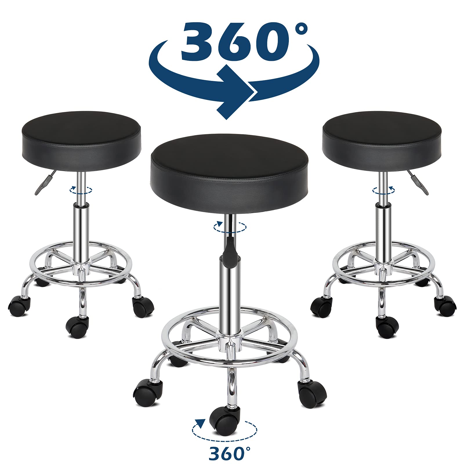 Winado 360° Swivel Adjustable Height Round Bar Stool - Modern PU Leather Counter Stool with Wheels for Kitchen, Dining Room, Bistro & Salon - Perfect for Breakfast Bars, Home Bars & Small Spaces (Black)
