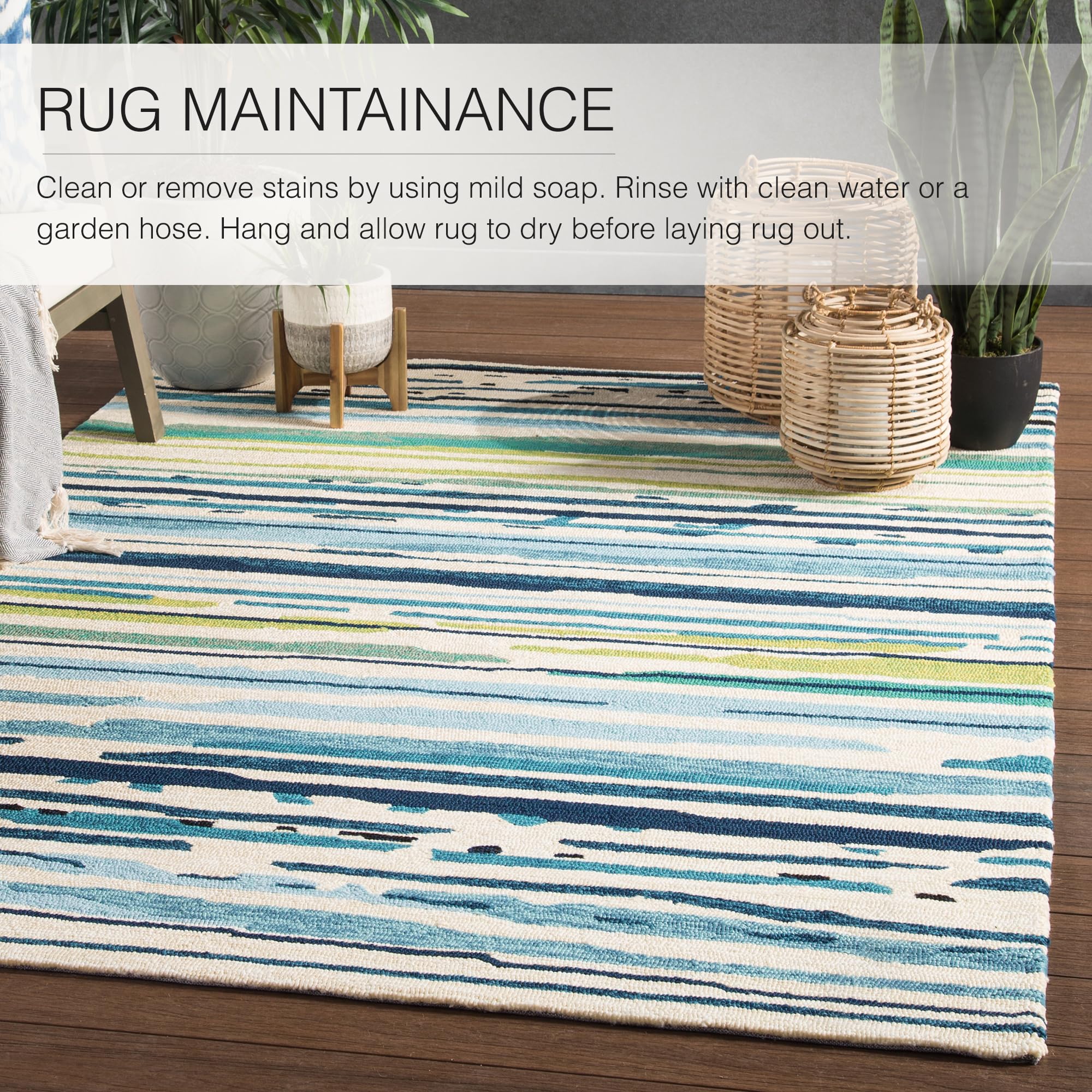 Jaipur Living 4x6 Outdoor Area Rug - Blue & Green Striped Patio Rug for Garden, Deck, and Poolside Decor