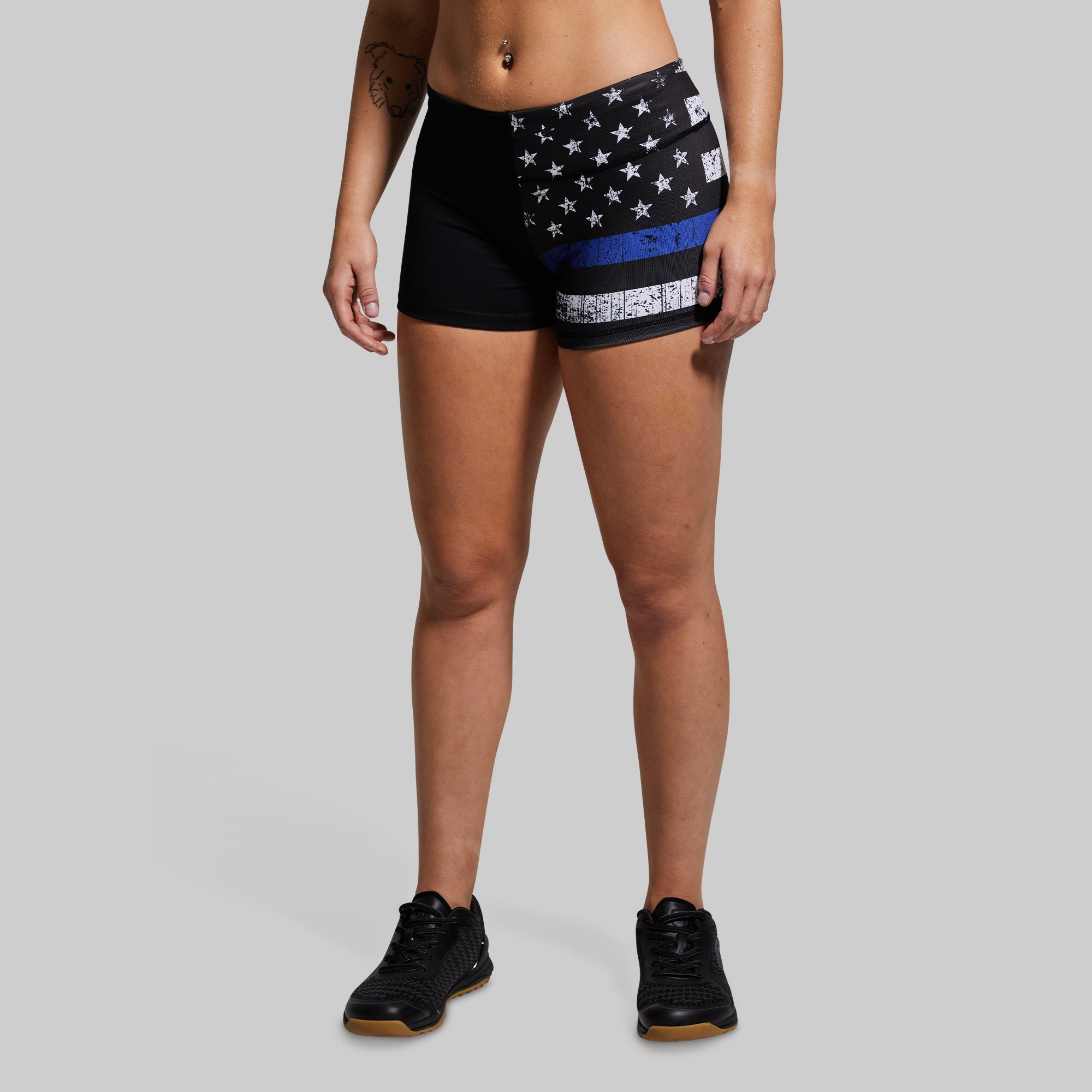Double Take Booty Shorts - Thin Blue Line Edition | High Waisted Workout & Gym Shorts for Women | Perfect for Yoga, Running & Casual Wear