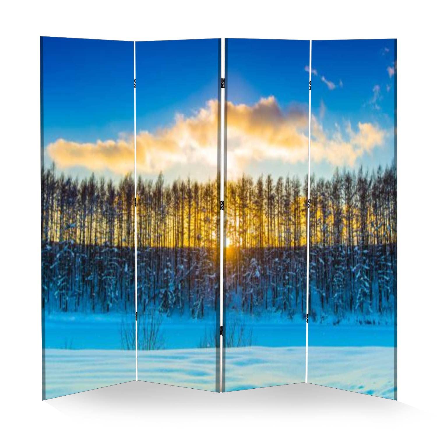 4 Panel Room Divider - Winter Biei Hokkaido Landscape Canvas Folding Screen - Portable Privacy Partition for Home & Office - Freestanding Protective Room Separator for Bedroom, Living Room, Studio or Event Space