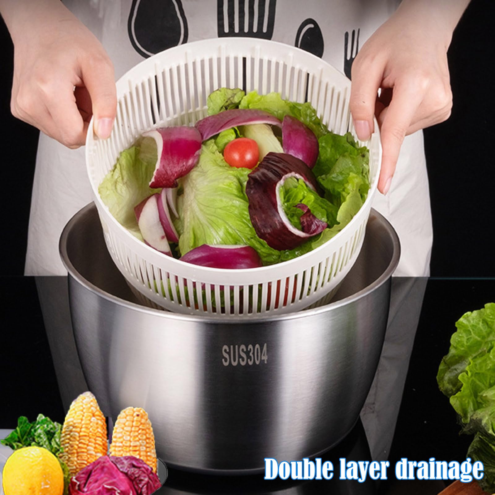 Stainless Steel Automatic Salad Spinner - 162oz (4.8L) Large Electric Lettuce & Vegetable Washer Dryer Machine, Wireless Kitchen Fruit & Veggie Spinner for Fresh Salads, Meal Prep & Healthy Cooking