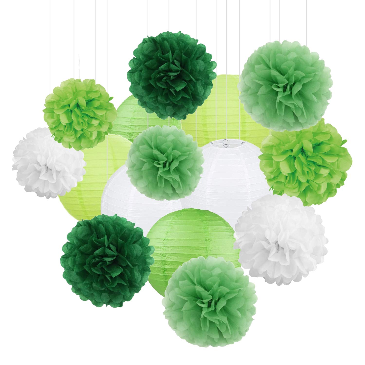 15Pcs White & Green Party Decoration Set - Paper Lanterns & Pom Poms for Baby Shower, Birthday, Wedding, Bridal Shower, Graduation - Hanging Decorations & Backdrop Centerpieces for Home & Event Decorations