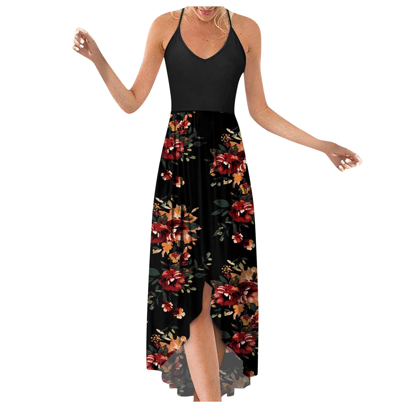 Women's Floral Maxi Dress - Sleeveless V-Neck Casual Summer Sundress with Spaghetti Straps & Asymmetrical Hem | Perfect for Beach Vacations, Date Nights & Outdoor Parties