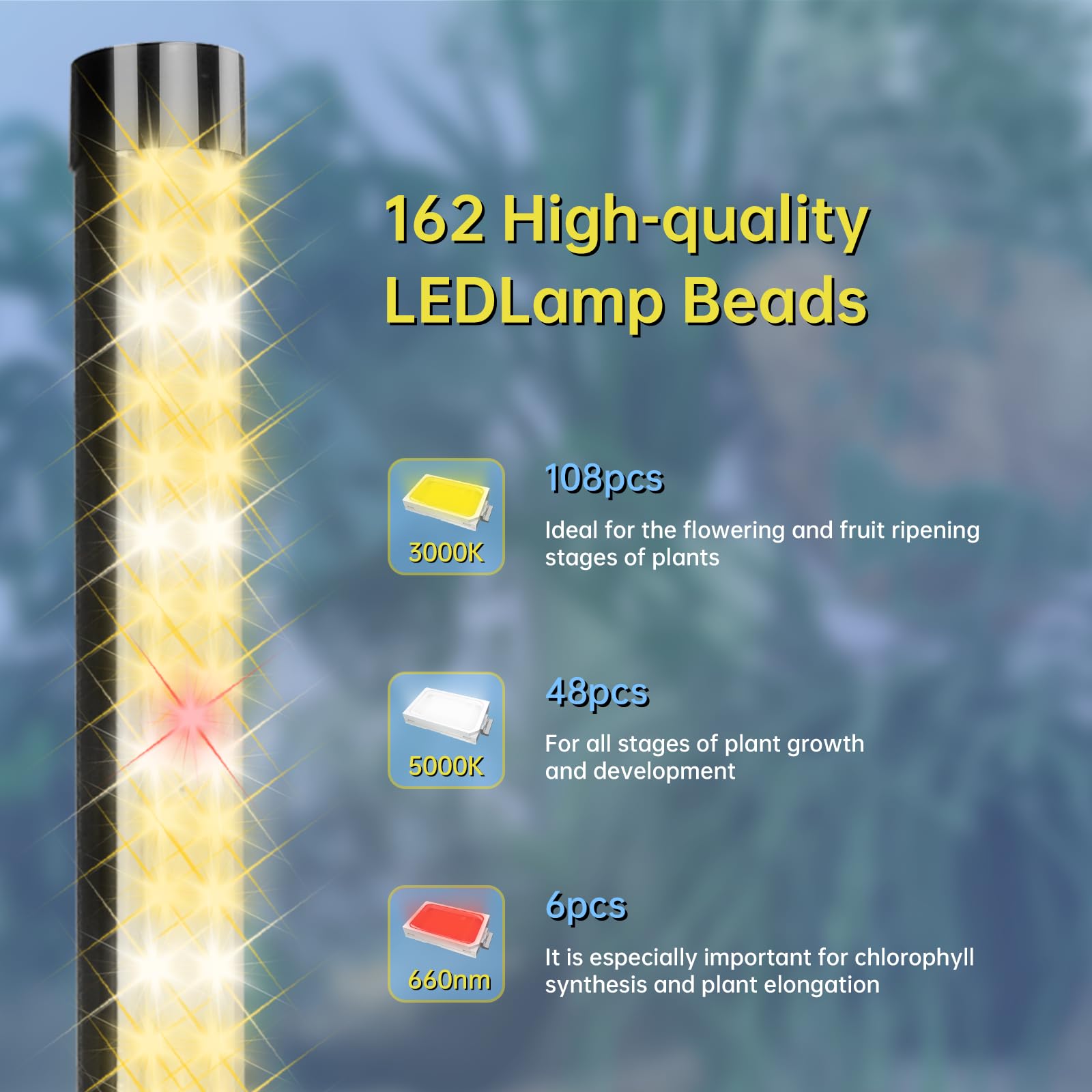 32W Full Spectrum LED Grow Light with 162 LEDs, 10 Adjustable Brightness Levels & 3/6/12H Timer - Adjustable Tripod Stand for Indoor Plants, Hydroponics, Seedlings, and Greenhouse Gardening