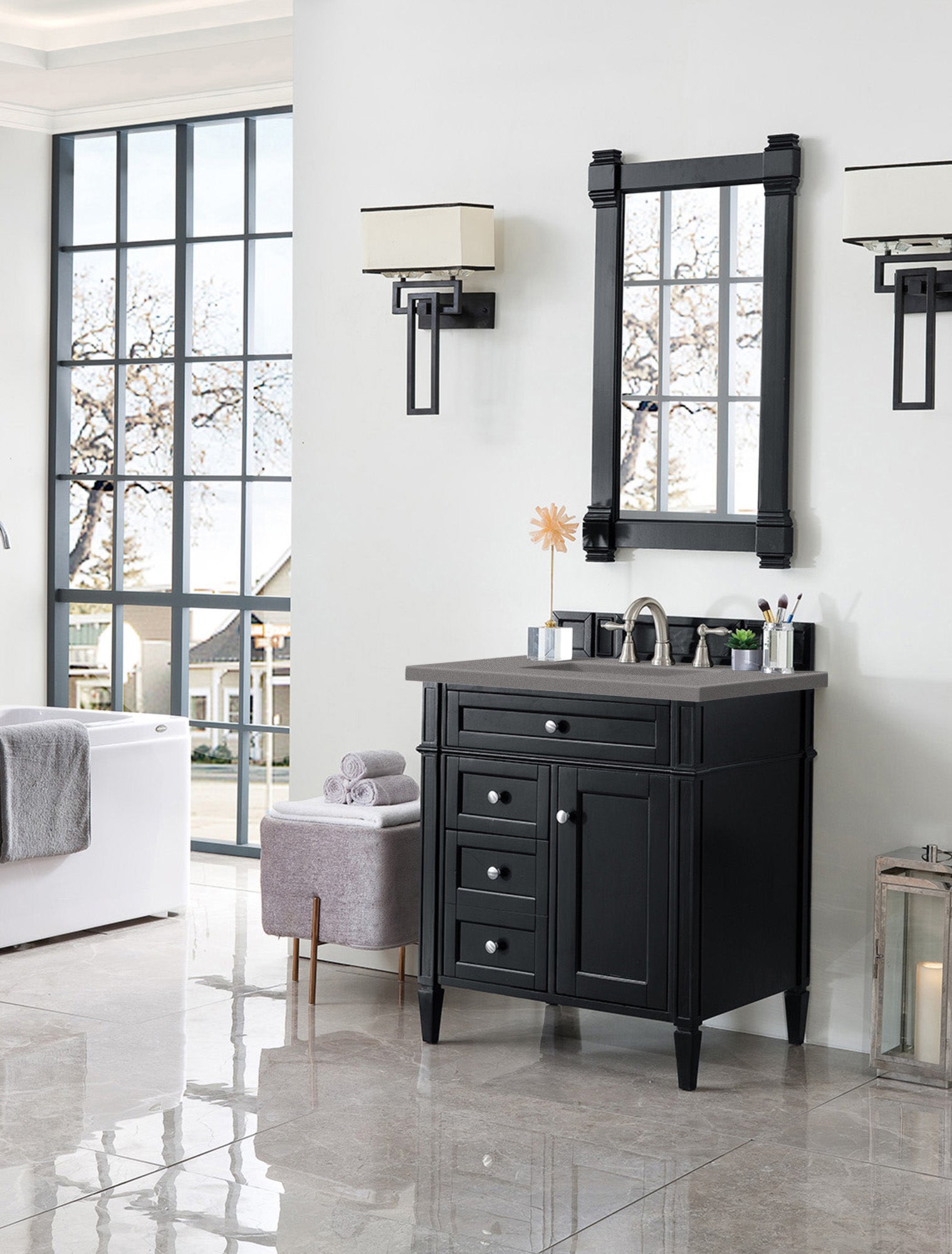 Brittany 30 Inch Single Bathroom Vanity Set in Black Onyx with 3CM Gray Expo Quartz Countertop - Perfect for Modern Master Bathrooms & Powder Rooms