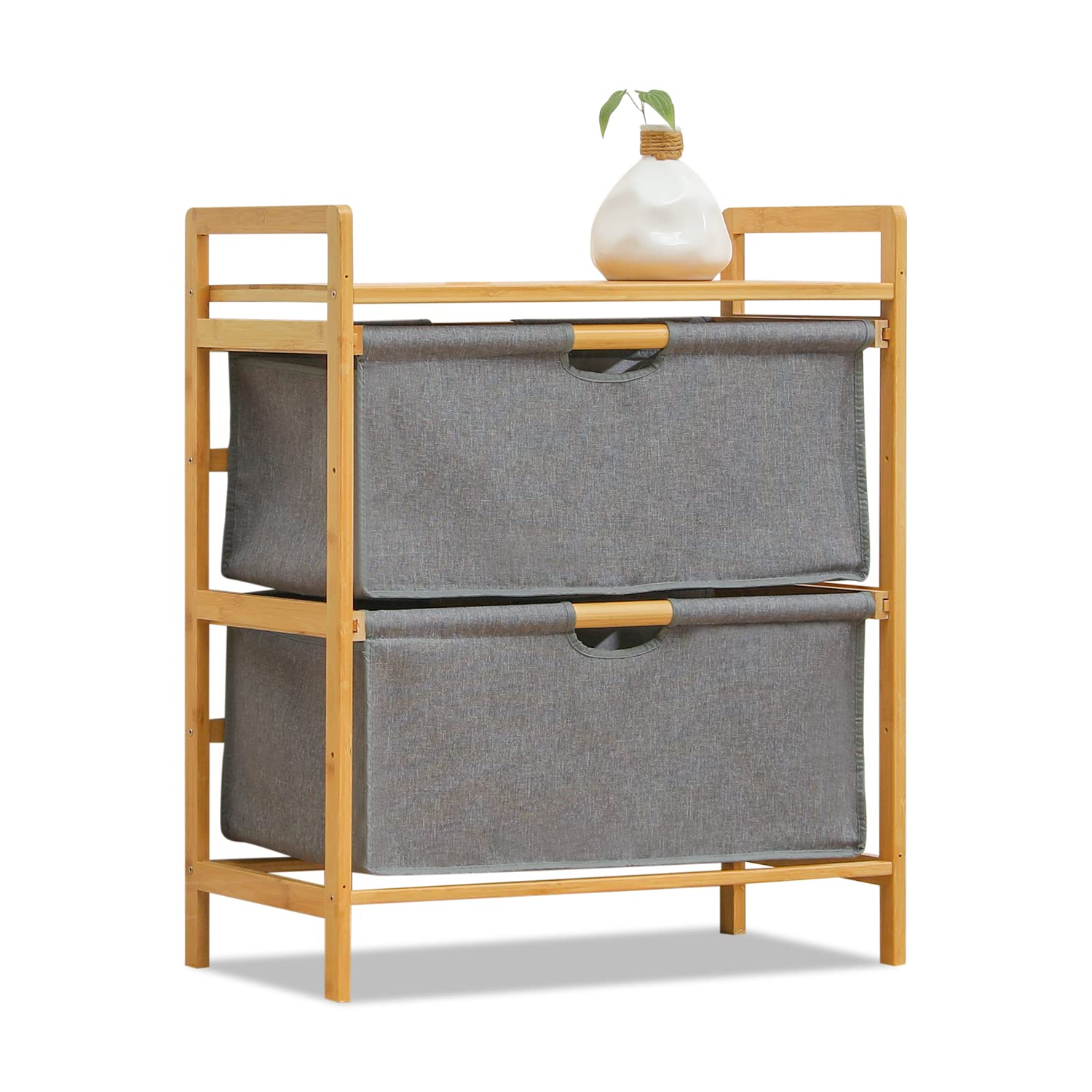 MoNiBloom 2-Tier Bamboo Clothes Organizer with Tabletop - Space-Saving Storage for Bedroom, Bathroom, Entryway & Closet - Perfect for Folded Shirts, Pants, Towels & Accessories (Grey)