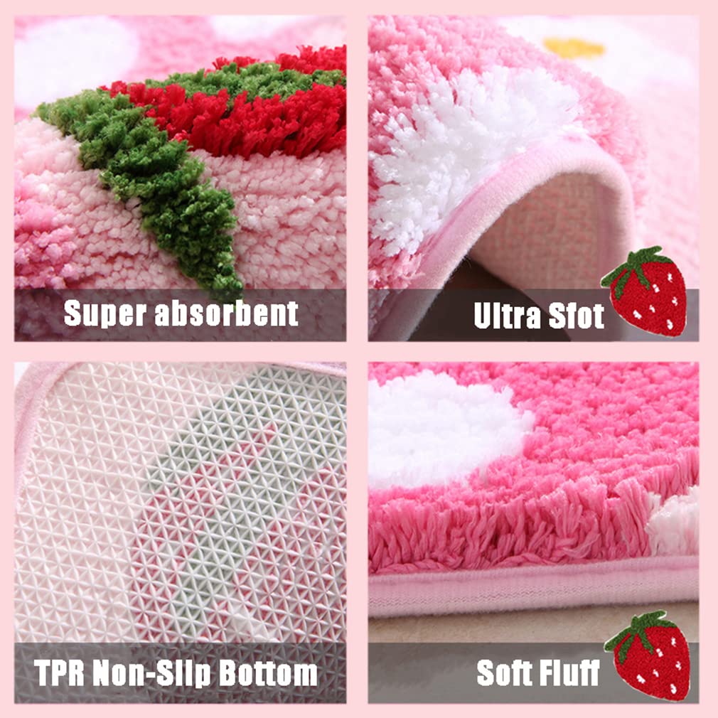 Soft Pink Strawberry Bath Mat - Ultra Absorbent Non-Slip Memory Foam Bathroom Rug for Girls, 18x26 Inch, Washable & Cozy - Perfect for Bathroom, Shower, Bathtub & Bedroom Decor