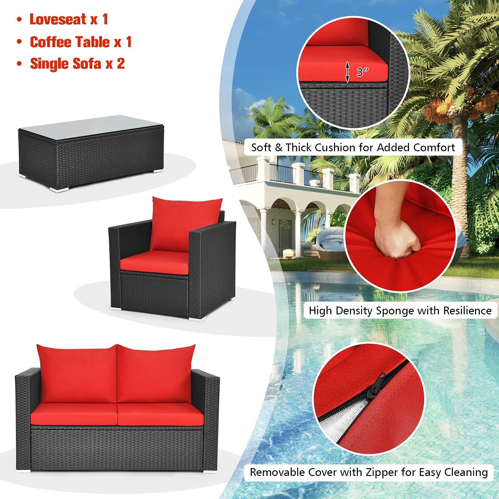 HappyGrill 4-Piece Outdoor Patio Conversation Set - Rattan Wicker Sofa with Tempered Glass Table & Removable Cushions - Garden, Backyard, Poolside Furniture for Relaxing and Entertaining