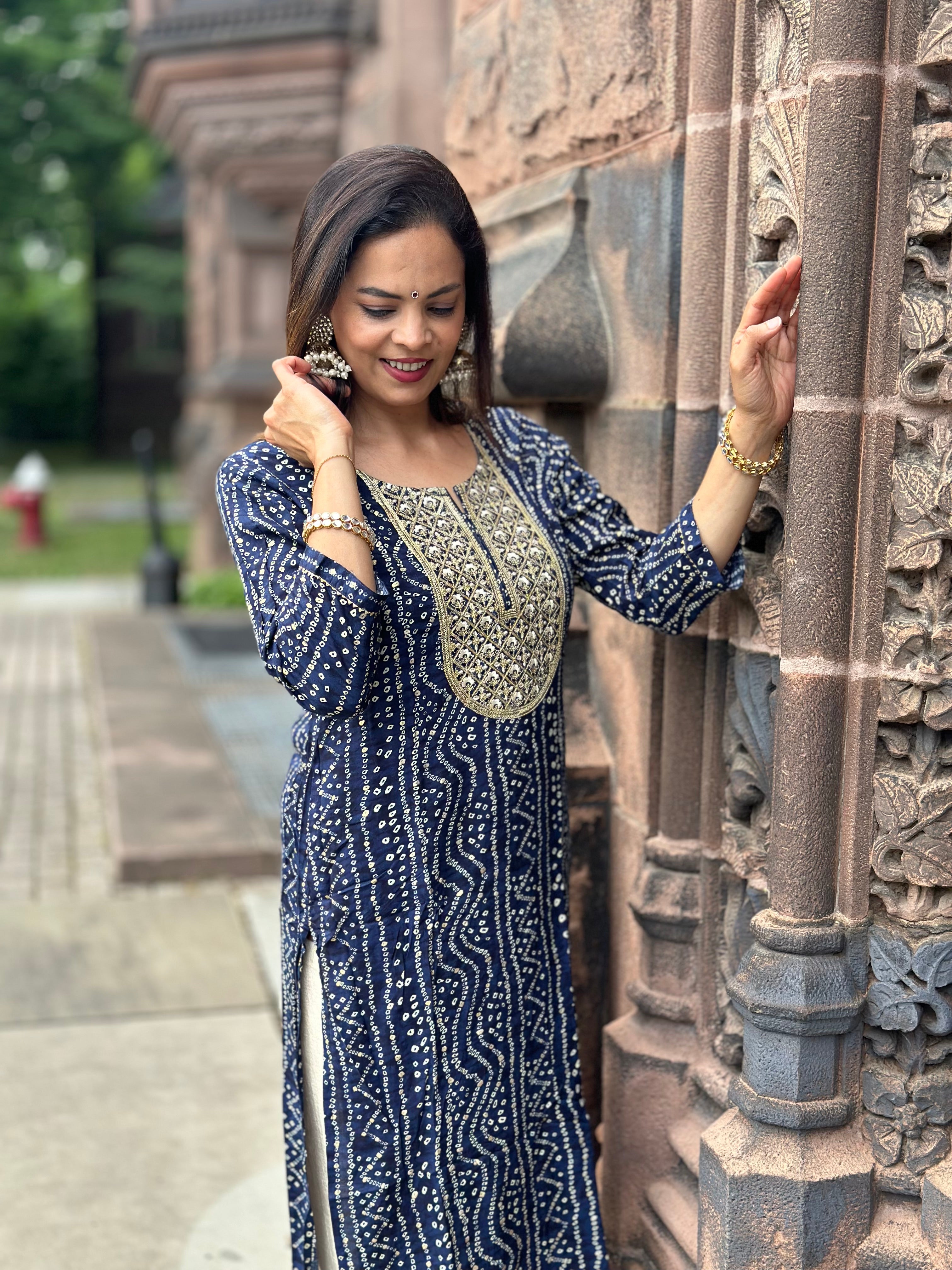 Navy Blue Viscose Rayon Bandhani Embroidered Straight Kurta for Women | Traditional Indian Ethnic Wear | Perfect for Festivals, Weddings & Casual Outings