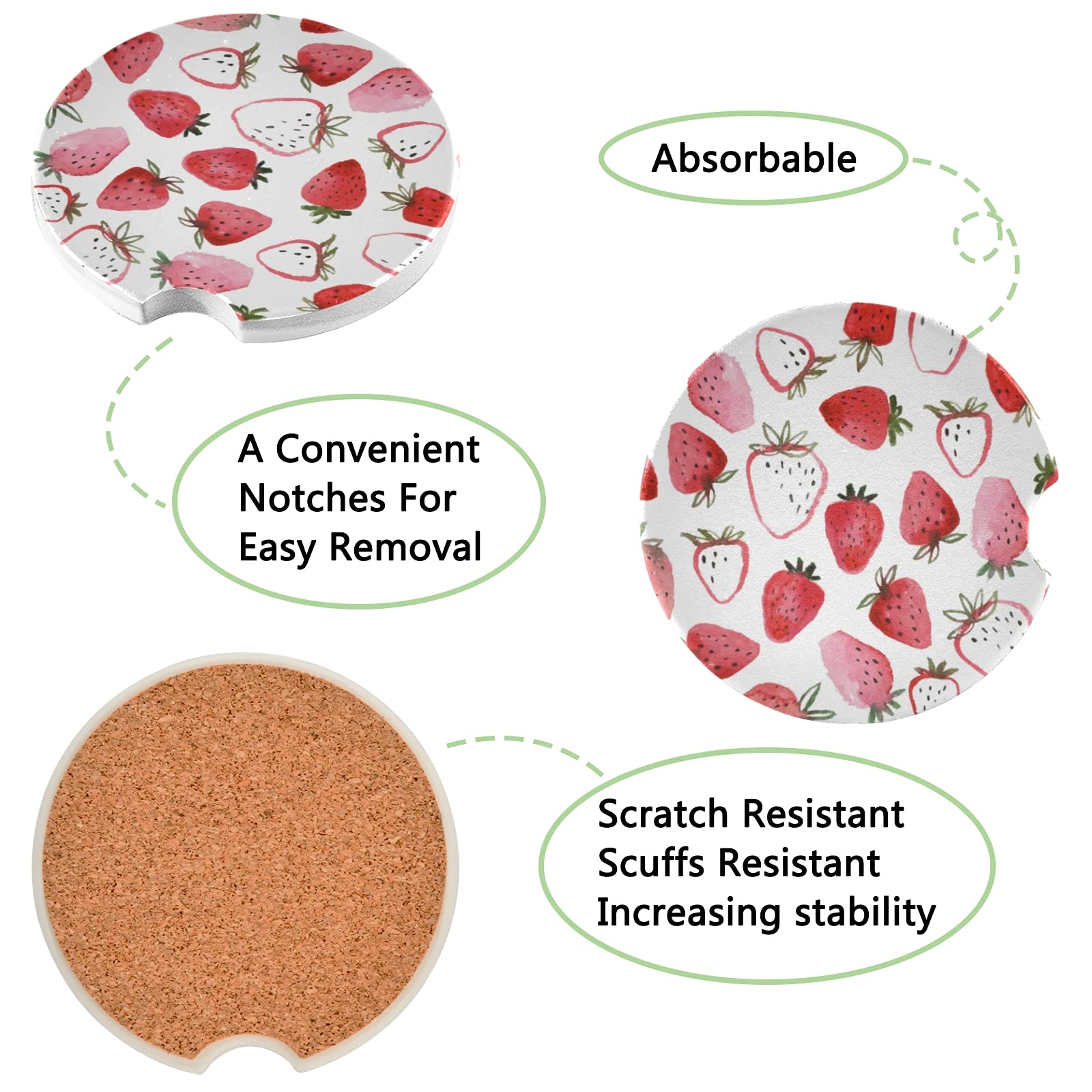 2 Pack Absorbent Ceramic Car Coasters with Watercolor Strawberries Design, 2.5 Inch Non-Slip Cup Holder Coasters for Drinks, Perfect for Cars, Trucks, and RVs