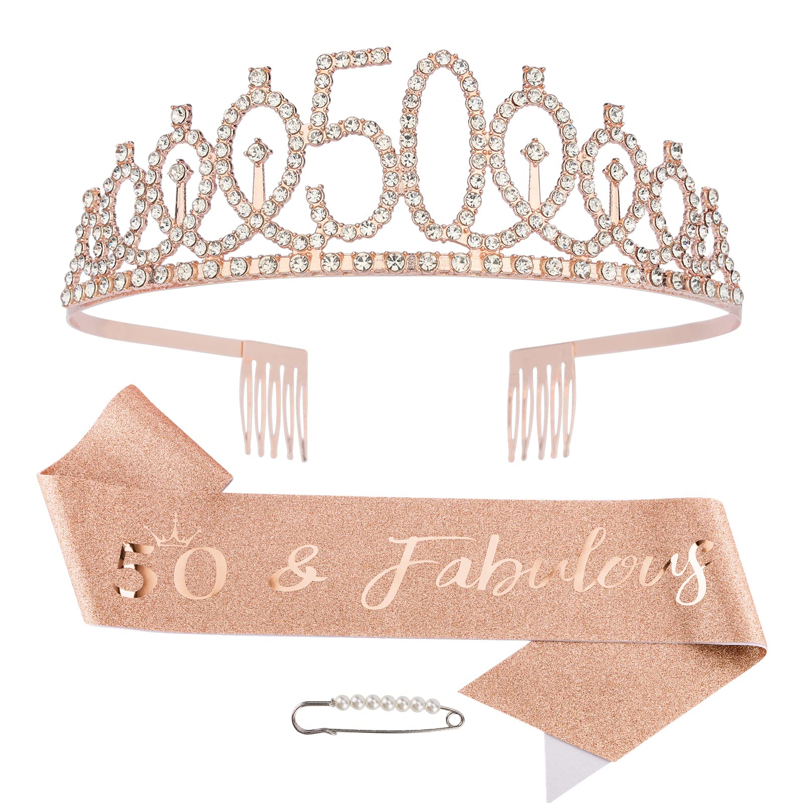 50th Birthday Tiara & Sash Set - Rose Gold Women's 50th Birthday Party Crown & Decorations | Perfect 50th Birthday Gift for Women | Great for Milestone Birthday Celebrations, Photo Shoots & Special Occasions