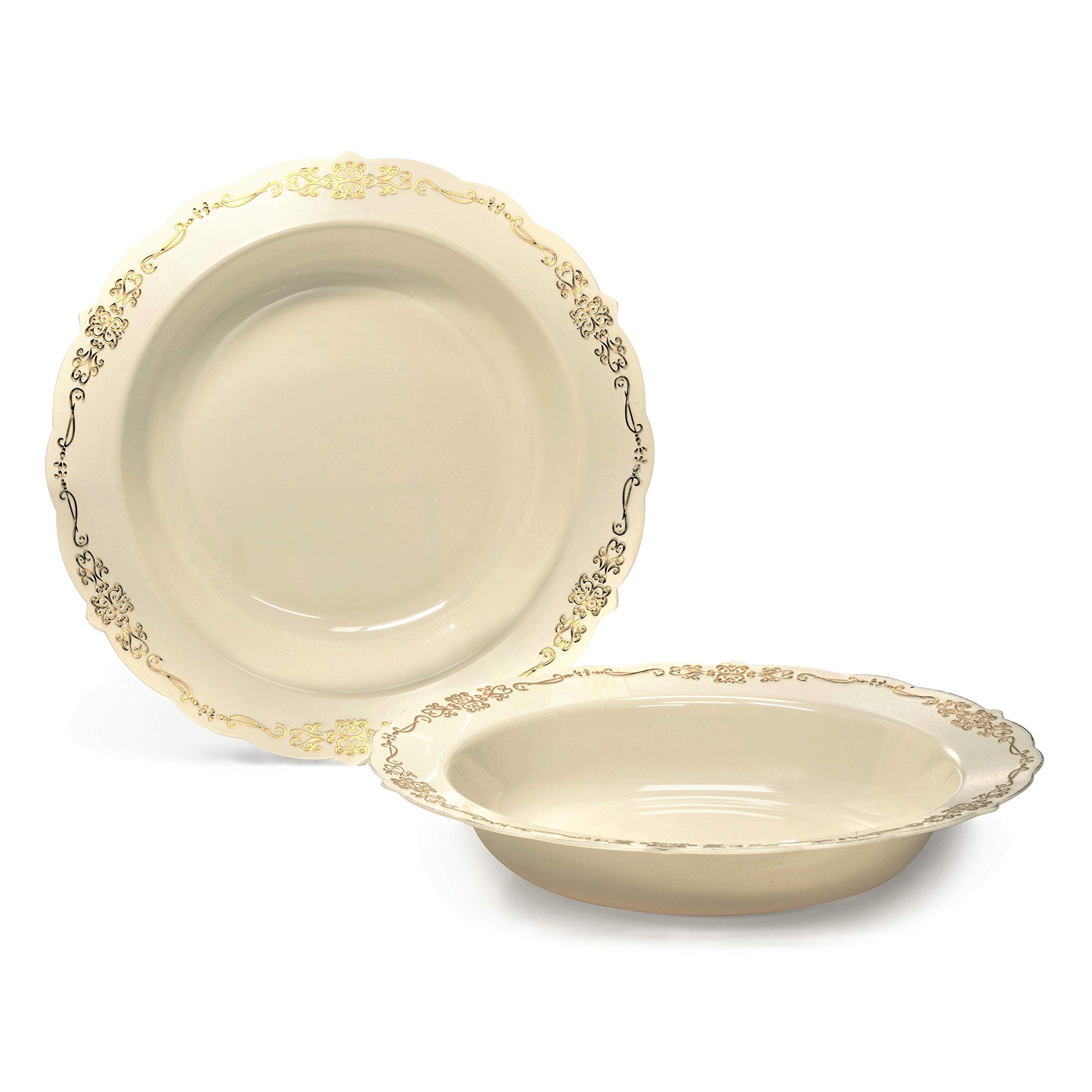 240 Pack Disposable Plastic Bowls for Wedding & Party - 12oz Soup Bowls in Elegant Ivory & Gold (Verona Collection) | Perfect for Catering, Events, and Home Entertaining