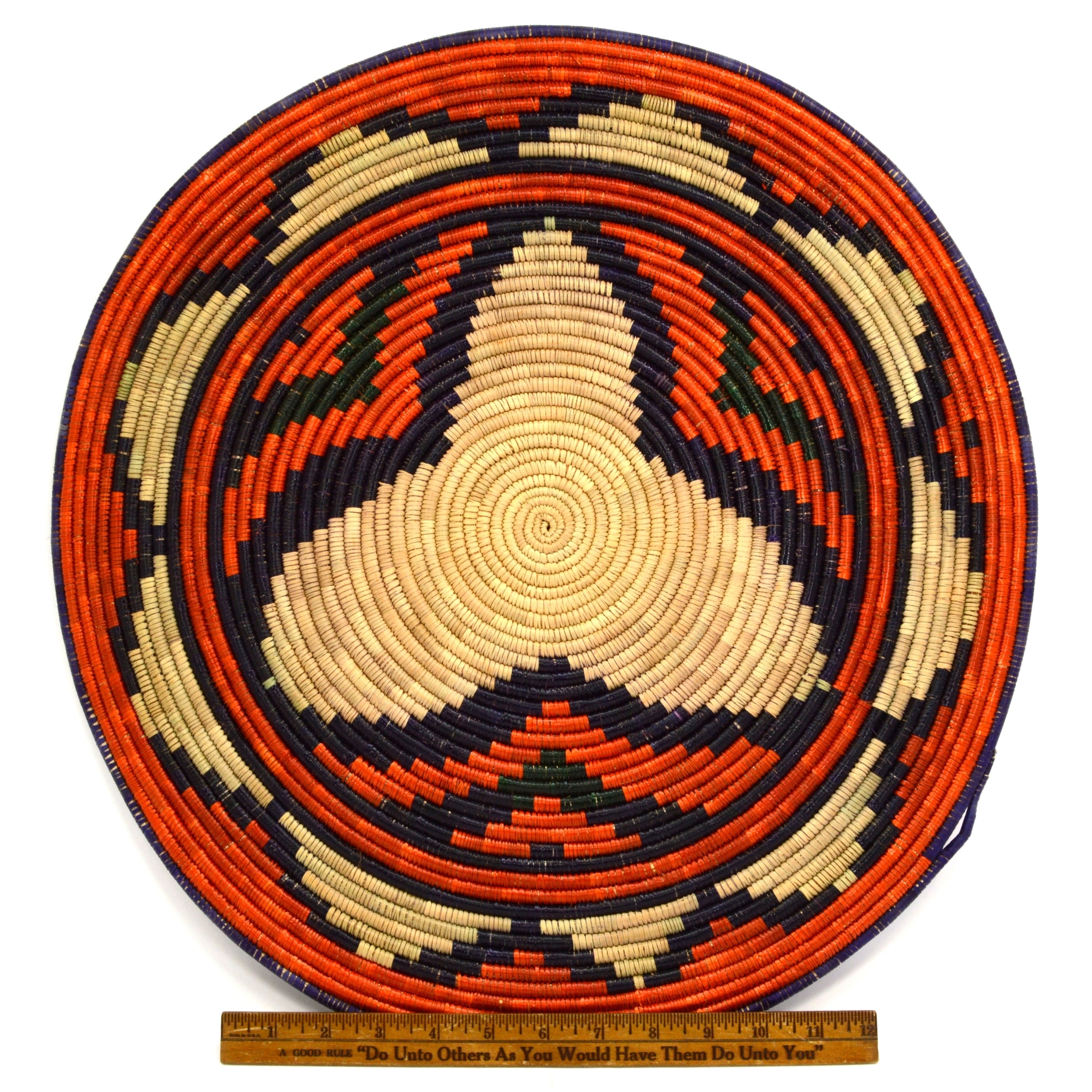 Vintage Indian Coiled Flat Basket Tray Plaque - Colorful Handwoven Hopi or Apache Tribal Design - Perfect for Home Decor, Wall Art, and Cultural Display