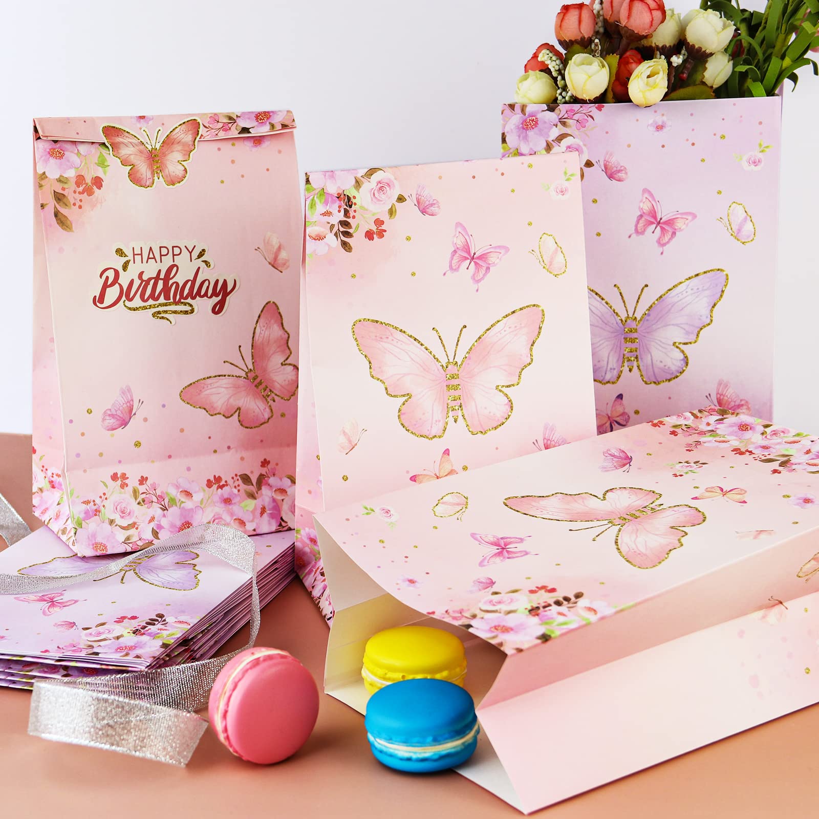 24-Piece LWBDD Butterfly Candy Gift Bags - Pink & Purple Rainbow Party Decorations with 24 Stickers | Perfect for Birthday Parties, Valentine's Day, Easter & Baby Showers | Reusable Paper Favor Bags for Kids & Adults