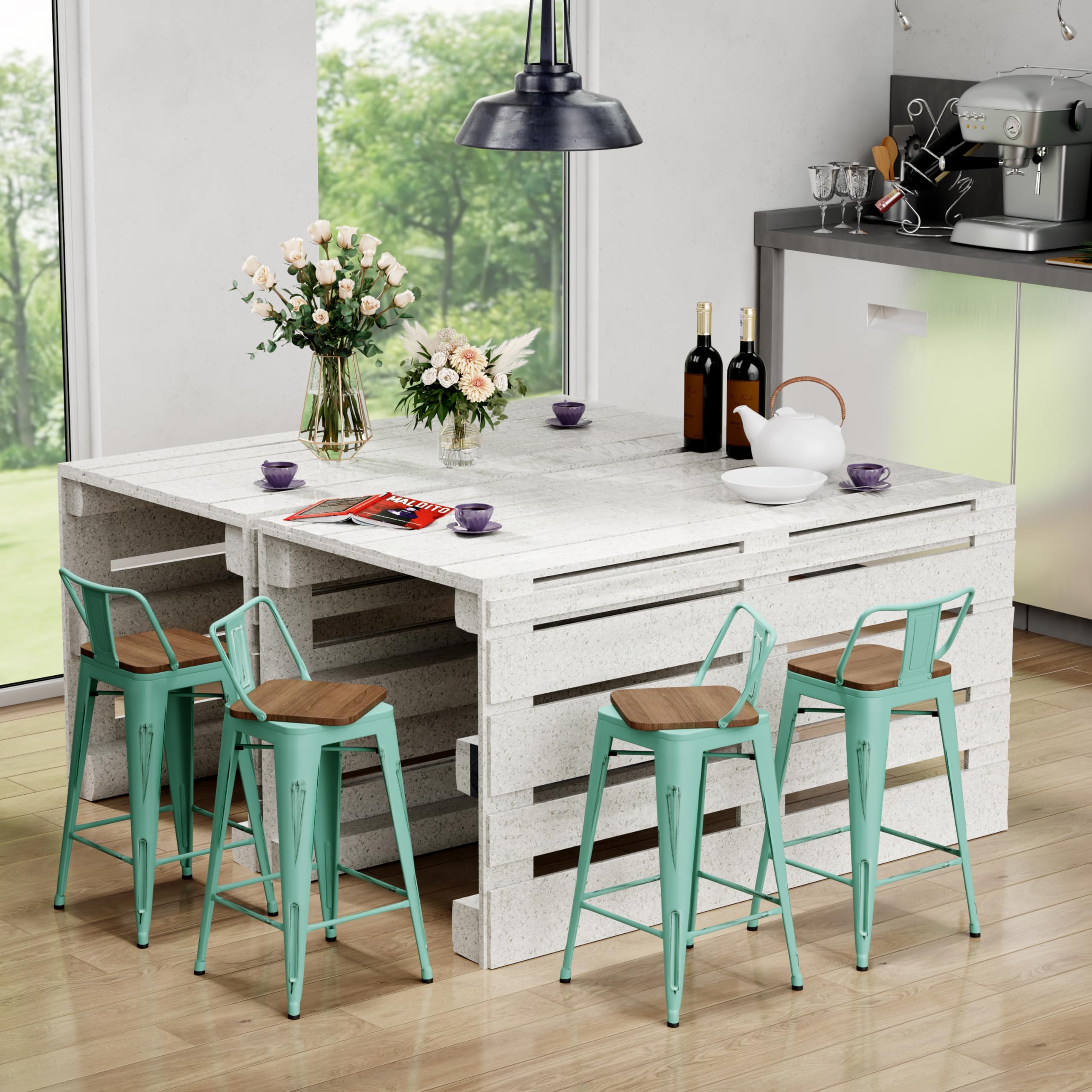 24 Inch Bar Stools Set of 4 - Counter Height Swivel Bar Chairs with Back Support, Metal Frame Kitchen Stools in Blue - Perfect for Home Bar, Kitchen Island & Breakfast Nook