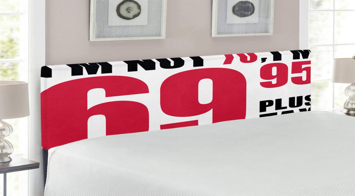 Ambesonne 70th Birthday Headboard - King Size Upholstered Metal Bed Frame with Memory Foam | Funny '69 Plus Tax' Slogan | Dark Coral & White Decorative Headboard for Senior Birthday Parties & Bedroom Decor