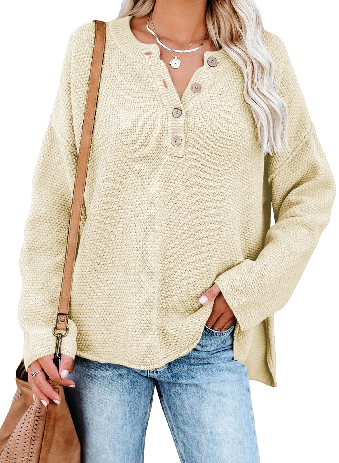 SHEWIN Women's Waffle Knit V-Neck Sweater Long Sleeve Button Henley Pullover Top - Casual Loungewear for Fall & Winter, Perfect for Office, Date Night and Coffee Dates