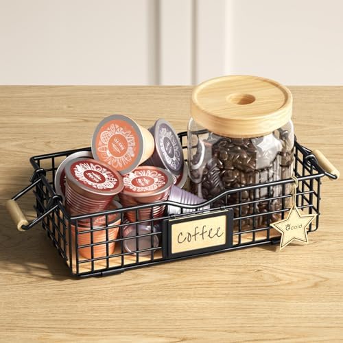 Black Metal Coffee Pod Holder with Wooden Handle - K Cup Organizer for Coffee Bar & Farmhouse Decor