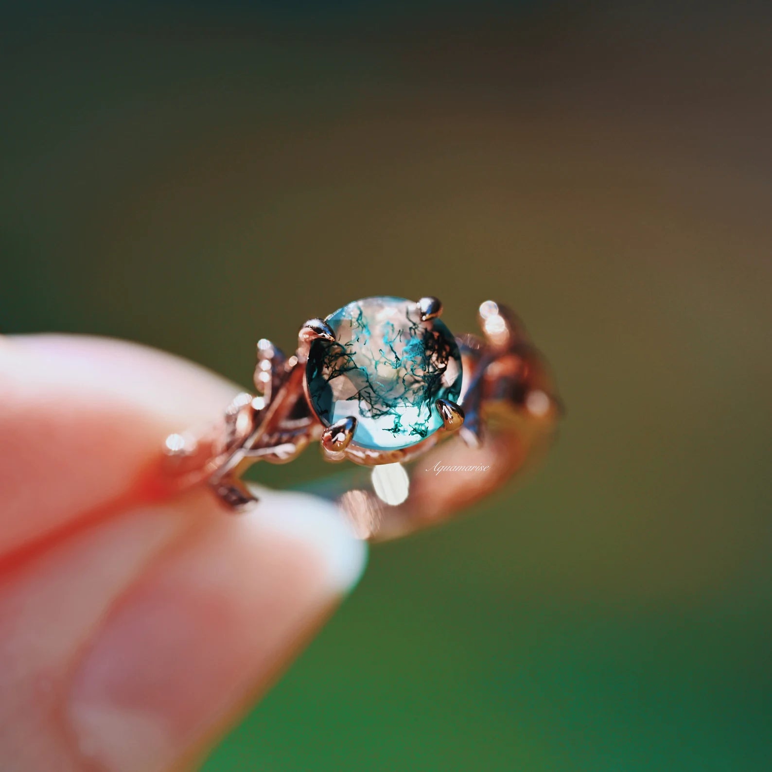 Natural Moss Agate Leaf Ring - 14K Rose Gold Vermeil Jewelry for Women | Elegant Nature-Inspired Gift for Her | Perfect for Weddings, Anniversaries & Everyday Wear
