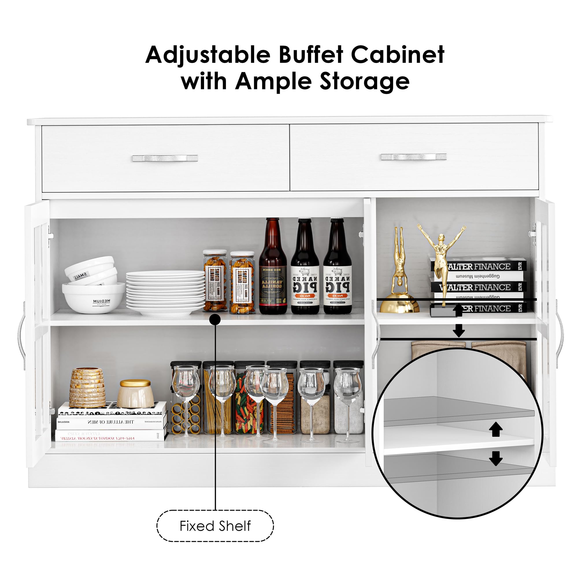 FOTOSOK White Buffet Sideboard Cabinet with Glass Doors - 2 Storage Drawers & Shelves for Dining Room, Living Room | Modern Kitchen Storage Furniture for Home Organization & Entertaining