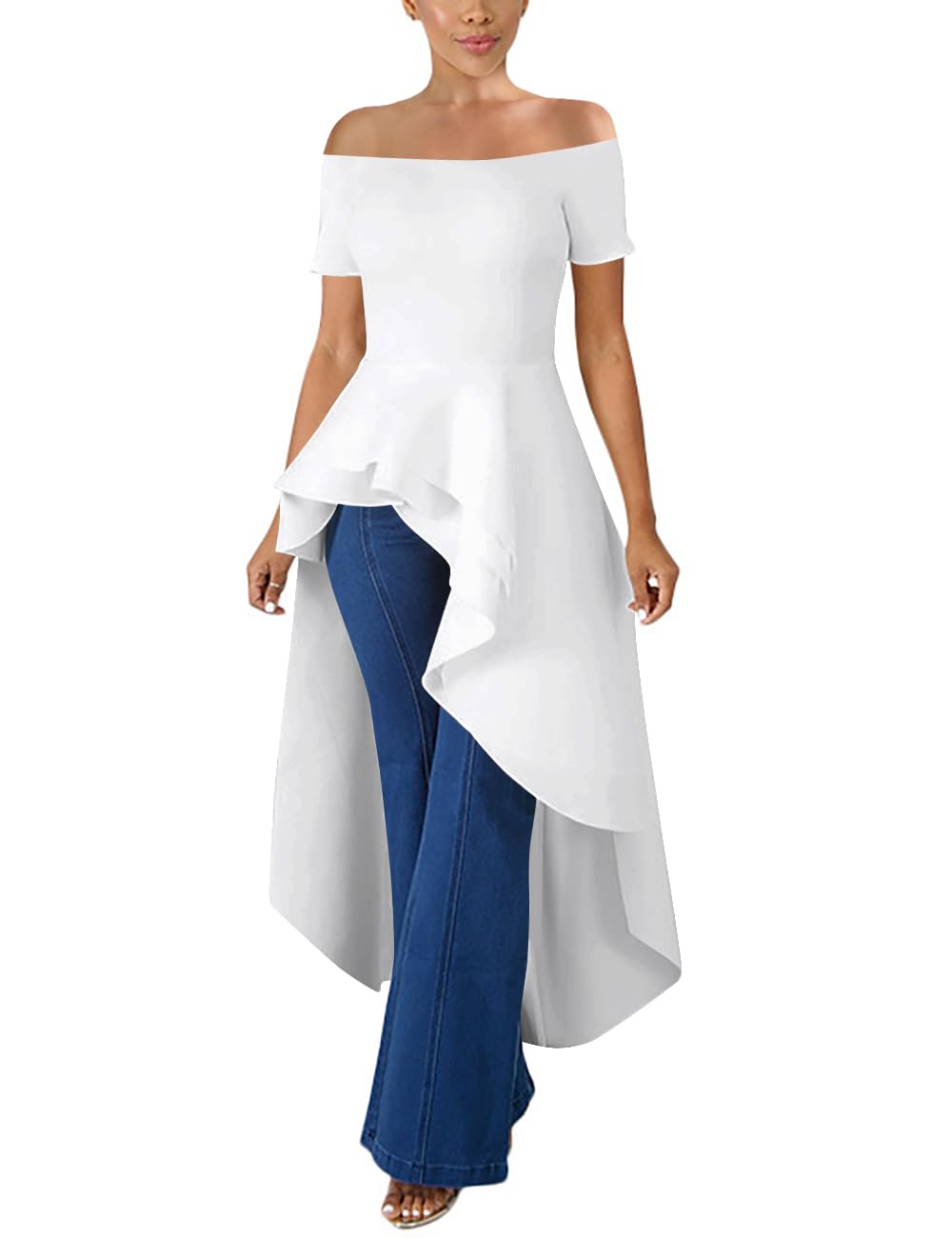 Lrady Women's Off Shoulder Ruffle Peplum Blouse - High Low Hem Short Sleeve Tunic Top & Casual Shirt Dress for Party, Date Night & Summer Outings