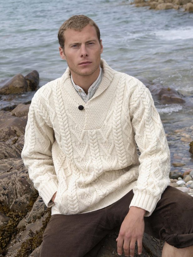 Warm Shawl Collar Aran Sweater for Men & Women | 100% Wool Cable Knit Pullover | 3 Color Options (Navy, Gray, Cream) | Perfect for Winter, Fall & Casual Outings