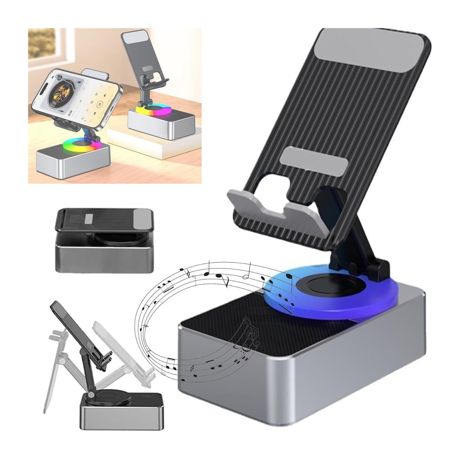 Bluetooth Audio Power Phone Holder & Stand with Wireless Speaker - Foldable Cellphone Stand with Built-in Bluetooth 5.0, Portable Speakerphone for Home Office Desk, Car Dashboard & Travel (Gray) - Perfect for Video Calls, Music Streaming & Hands-Free Calling