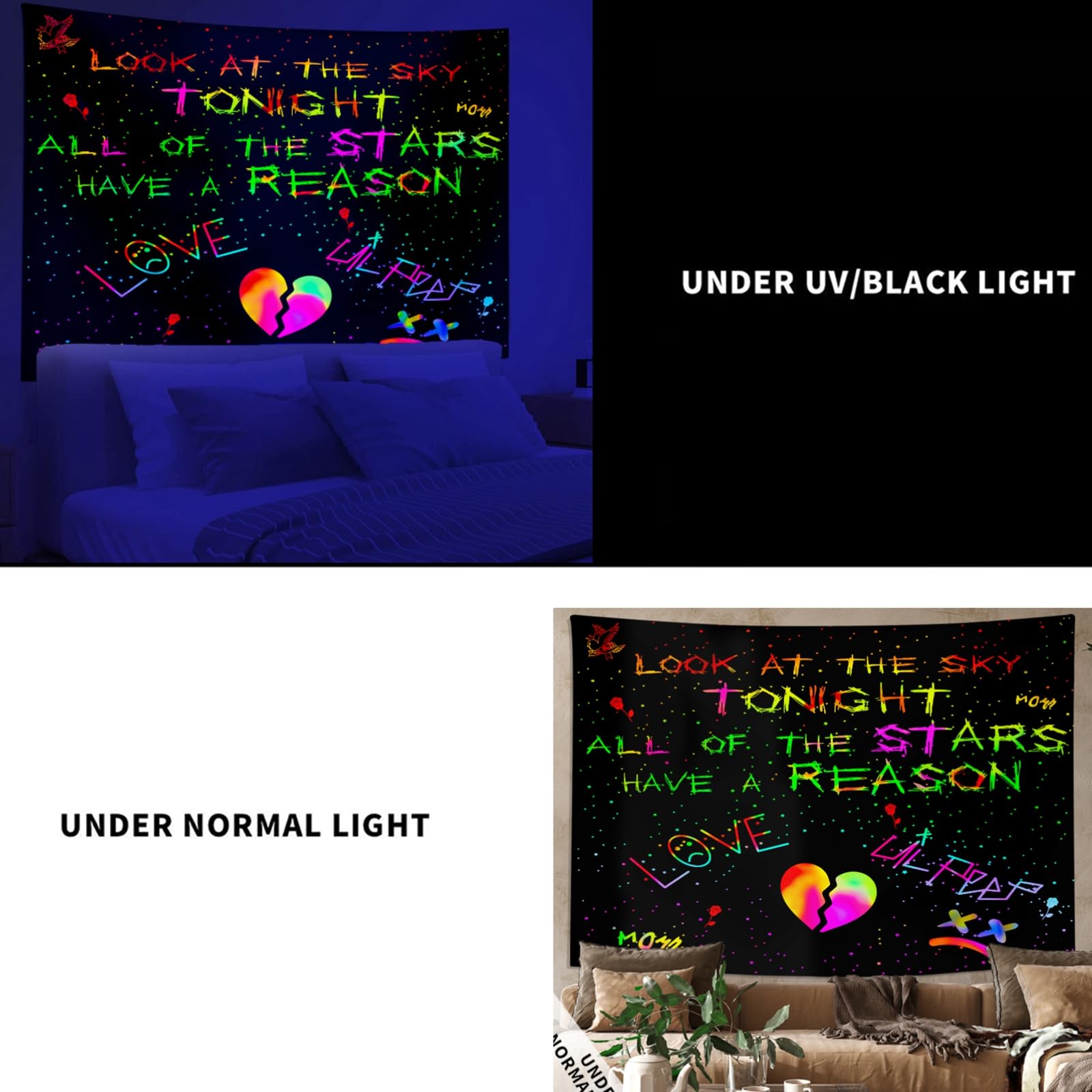 PSYHILAR Blacklight Lil Peep Tapestry - 60 x 50 Inch UV Reactive Wall Hanging for Bedroom & Dorm Decor - Black Light Posters for Adults Featuring 'Look At the Sky Tonight' Rapper Art - Perfect for Music Lovers, Room Aesthetics & Glow Party Decorations