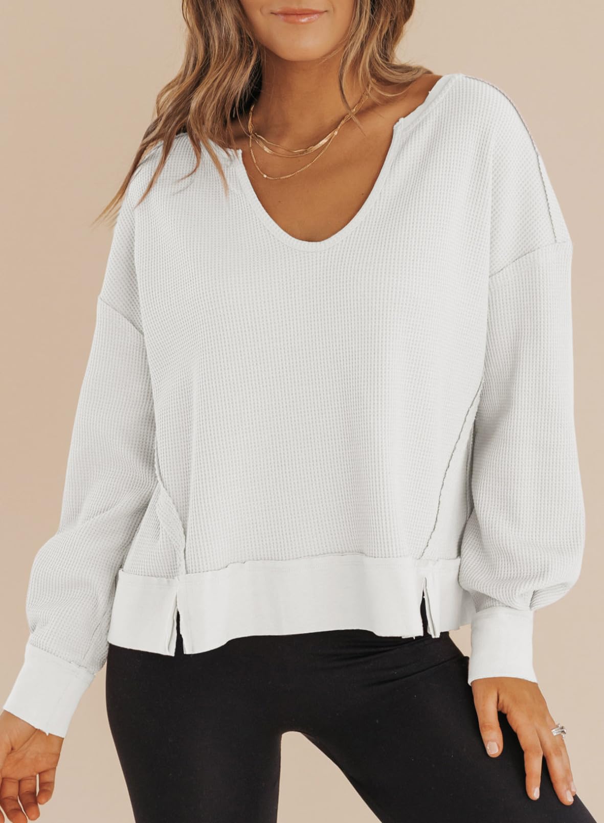 Dokotoo Women's Spring V-Neck Waffle Knit Cropped Sweater Long Sleeve Pullover Crop Top - Casual Chic Outfit for Brunch, Dating & Street Style