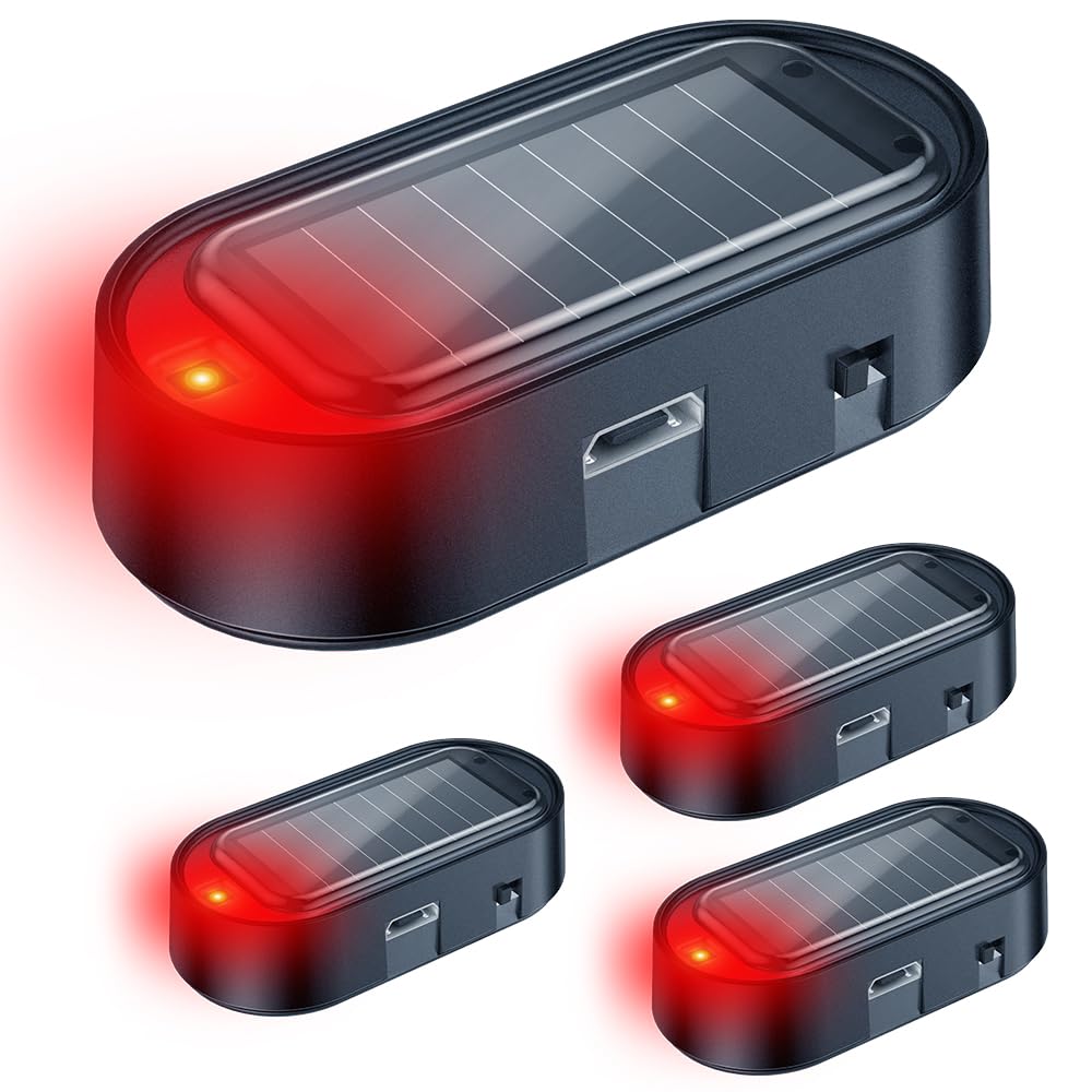 ELECTOP Solar Fake Car Alarm LED Light - Anti-Theft Security with USB Charging (4PCS, Red) for Vehicle Safety
