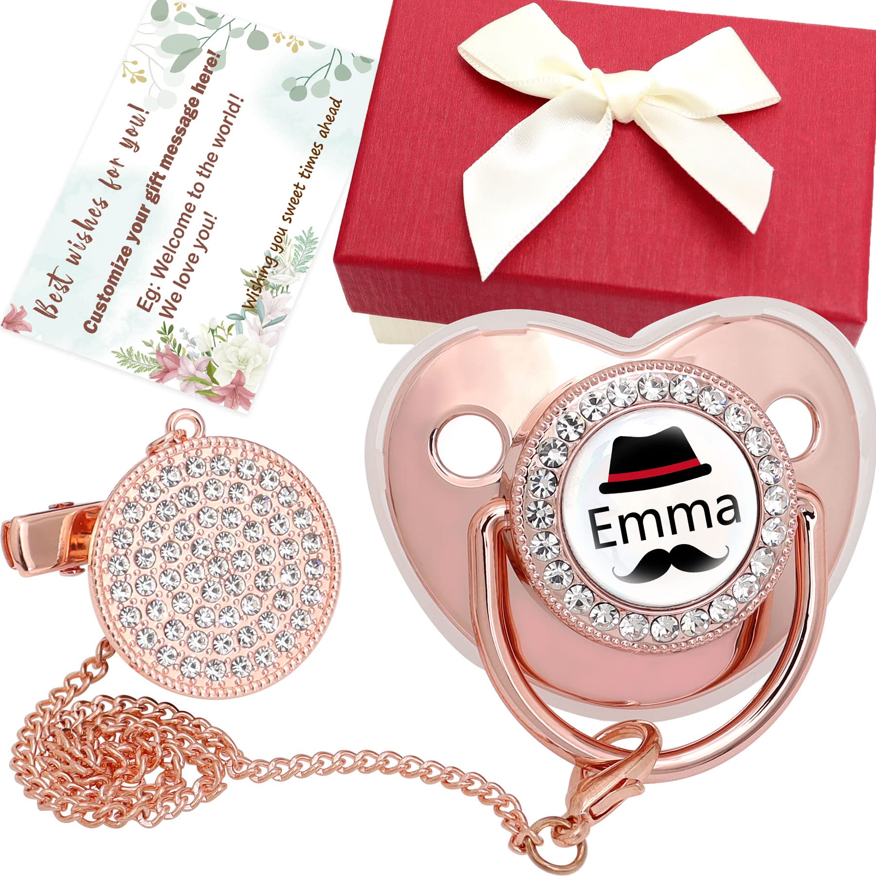 Personalized Baby Pacifier and Pacifier Clip Set with Name - BPA Free, Bling Gold/Silver/Pink/Rose Gold - Luxurious Newborn Gift for Baby Showers, Christenings & Birthdays (Rose Gold)
