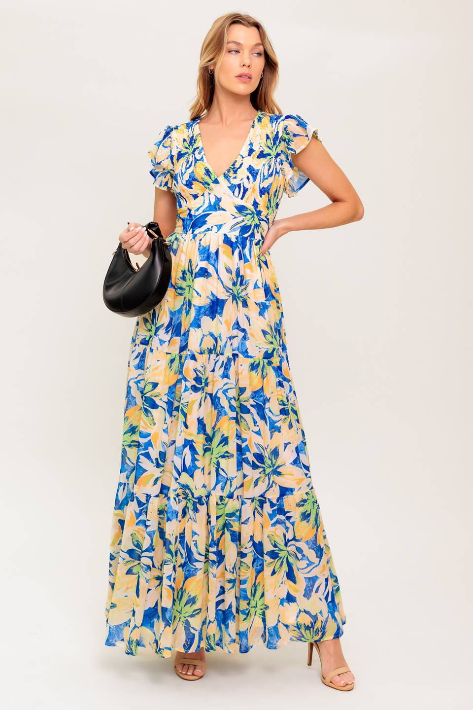 BRIDGEPORT Blue Floral Maxi Dress for Women - Summer Boho Beach Dress with Long Sleeves - Perfect for Vacation, Party & Casual Wear
