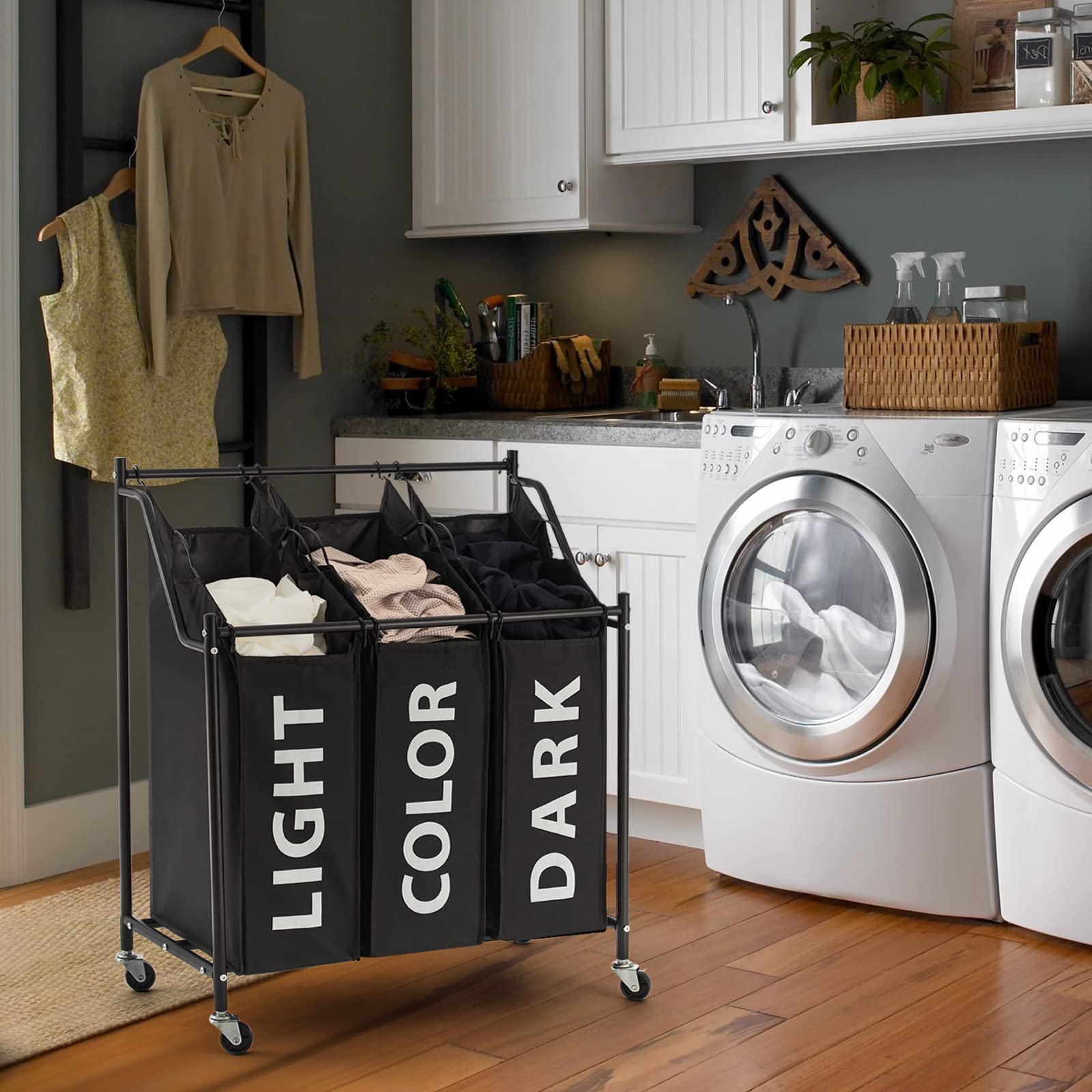 3-Section Laundry Hamper with Wheels & Removable Fabric Bags - 45L x 3, Metal Frame, Black - Perfect for Bedroom, Laundry Room & Dorm Organization