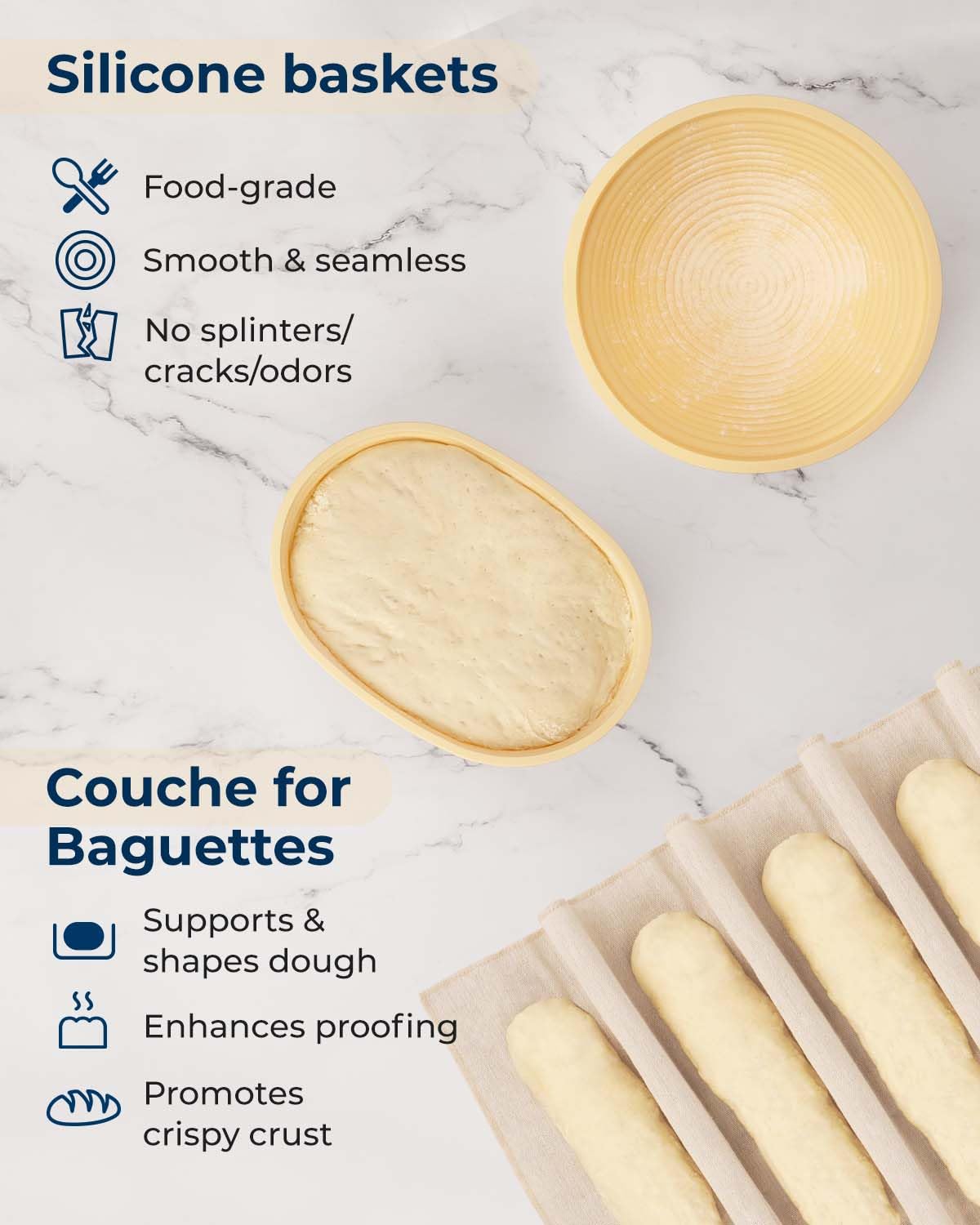 Silicone Proofing Baskets with Sourdough Starter Jar Kit - 9 Inch Round & 10 Inch Oval Foldable Banneton Bread Proofing Baskets - Professional Sourdough Bread Baking Supplies for Home Bakers | Perfect for Artisan Bread, Homemade Sourdough, and Baking Enthusiasts